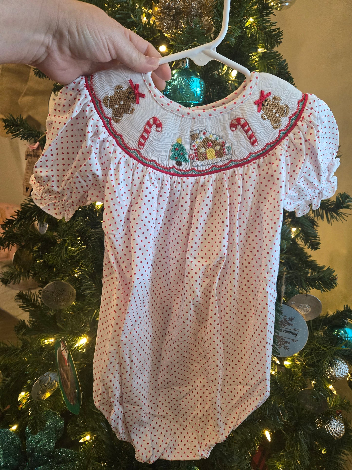 Handsmocked Gingerbread Girl Romper Honeydew