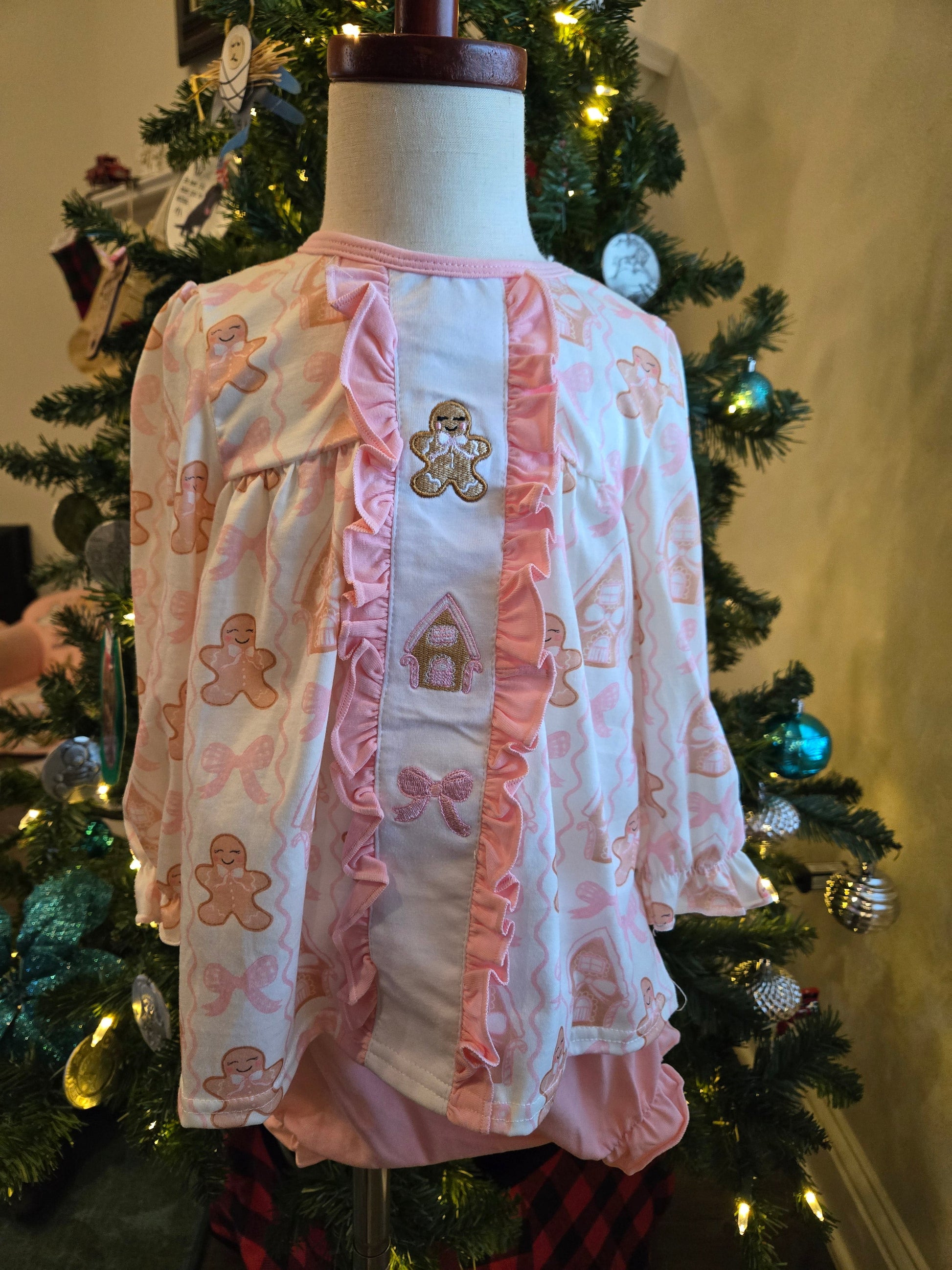Pink Gingerbread Embroidery Ruffle Girl Bloomer Set Honeydew