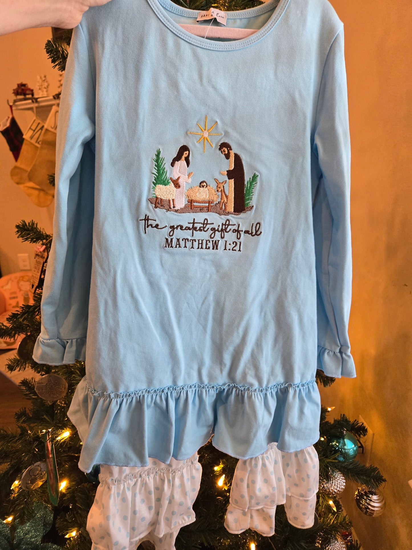 Blue Nativity Embroidery Ruffle Pants Set Honeydew
