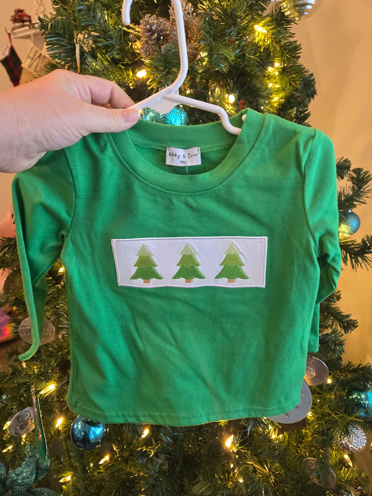 Green Christmas Tree Embroidery Boy Top Honeydew