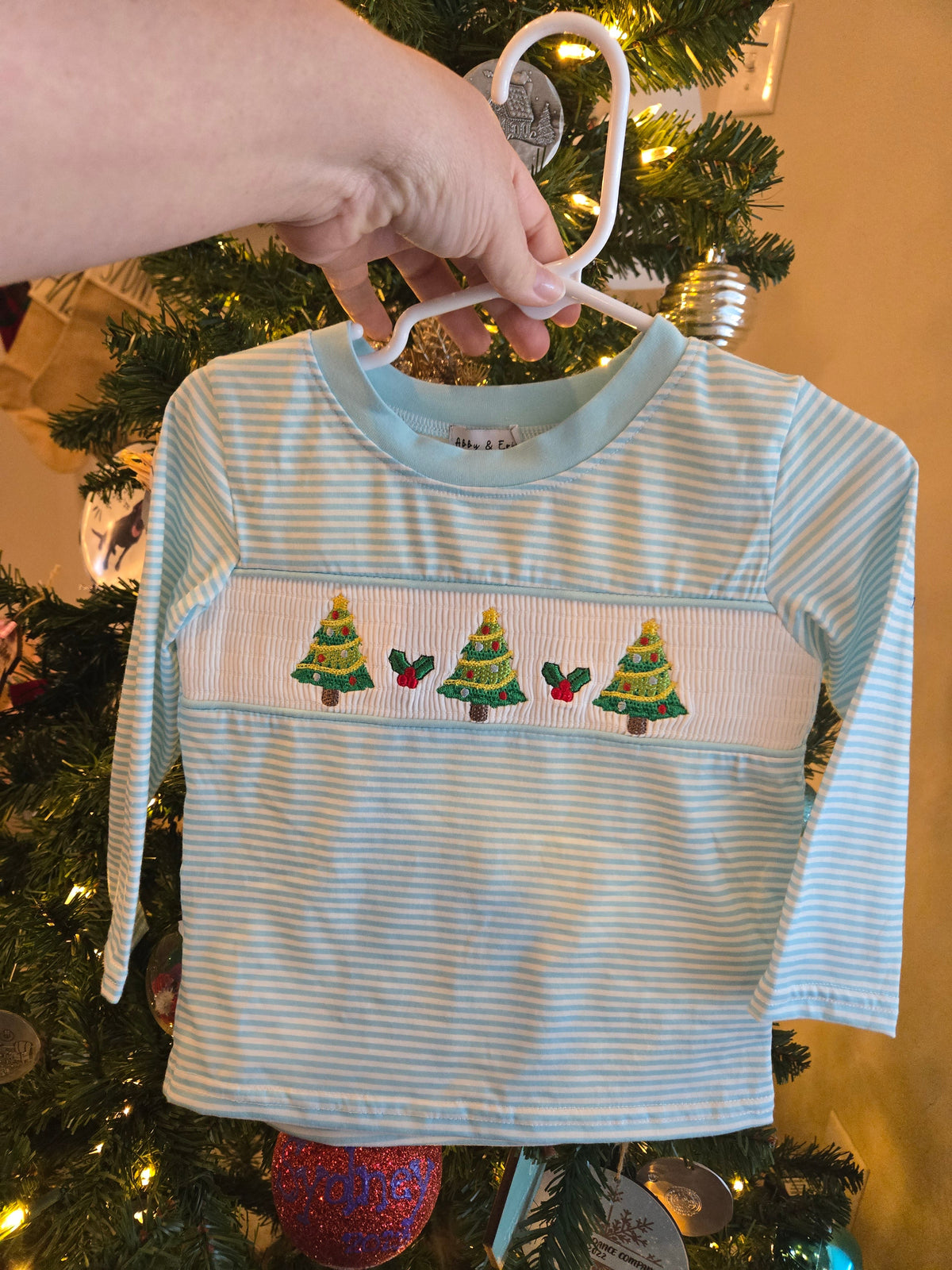 Blue Striped Christmas Tree Smocked Top Honeydew