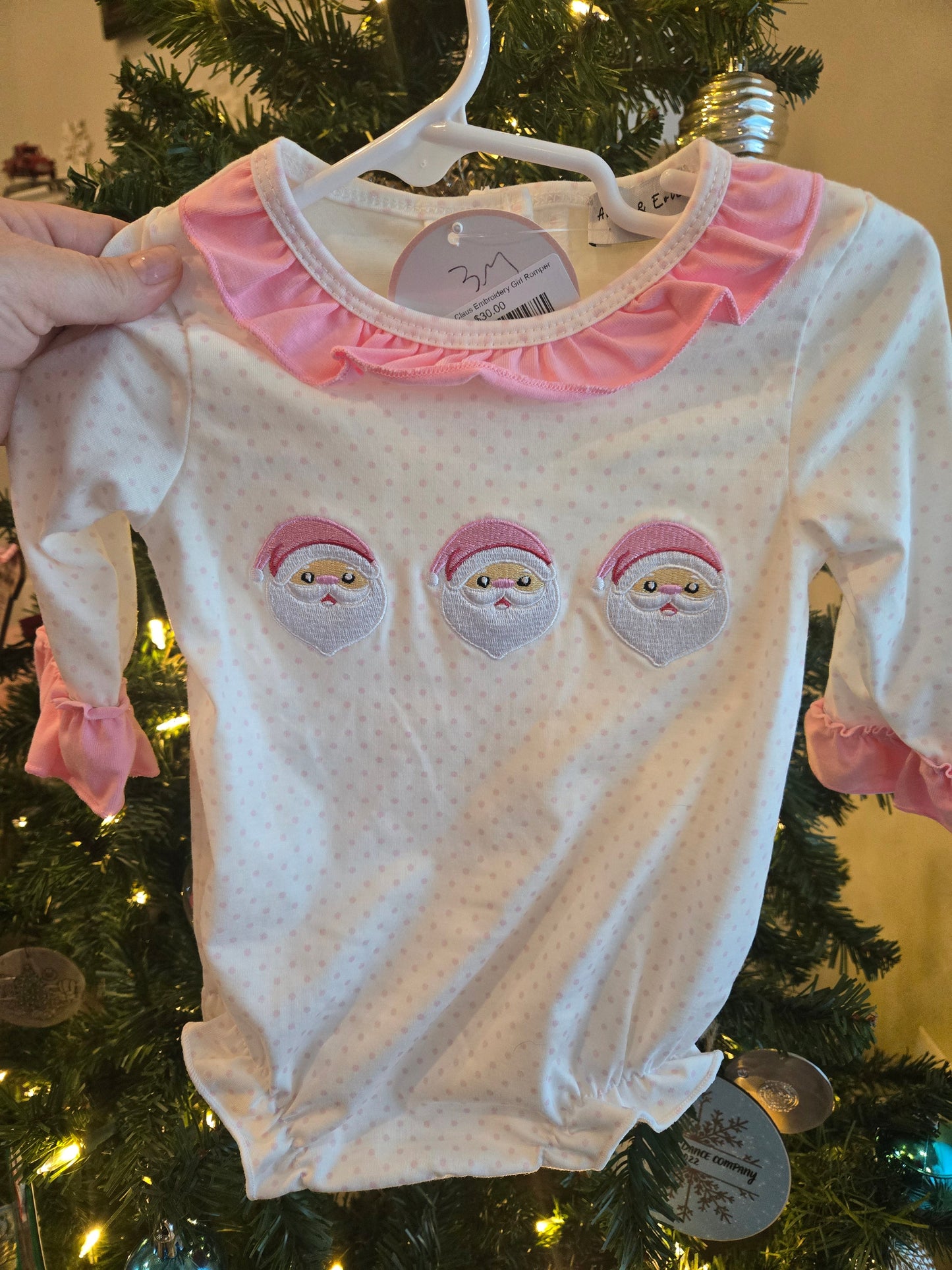 Pink Santa Claus Embroidery Girl Romper Honeydew