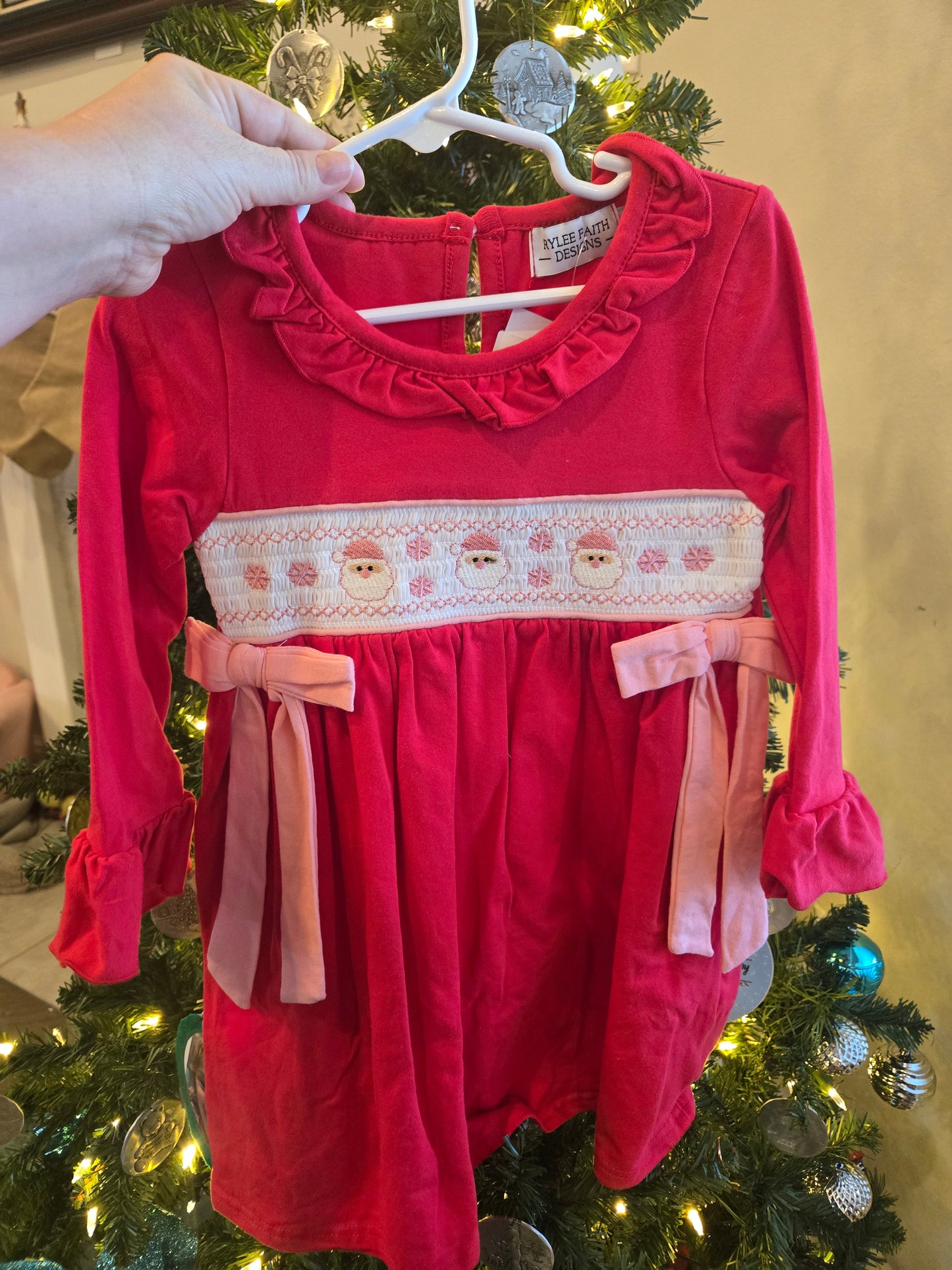 Santa Pink Ribbon Red Christmas Smocked Girl Dress Rylee Faith