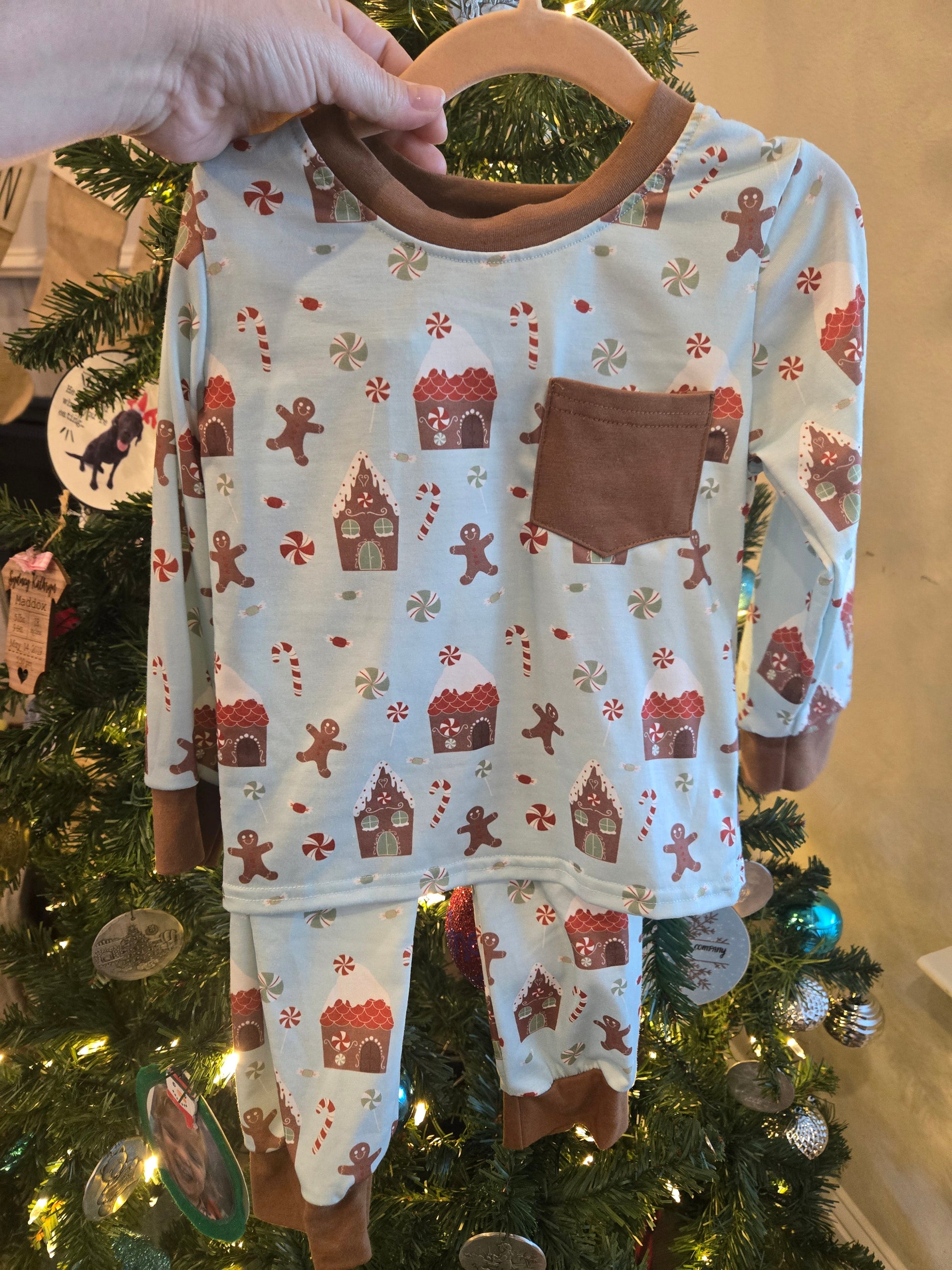 Blue Christmas Gingerbread Boy Pants Set Honeydew