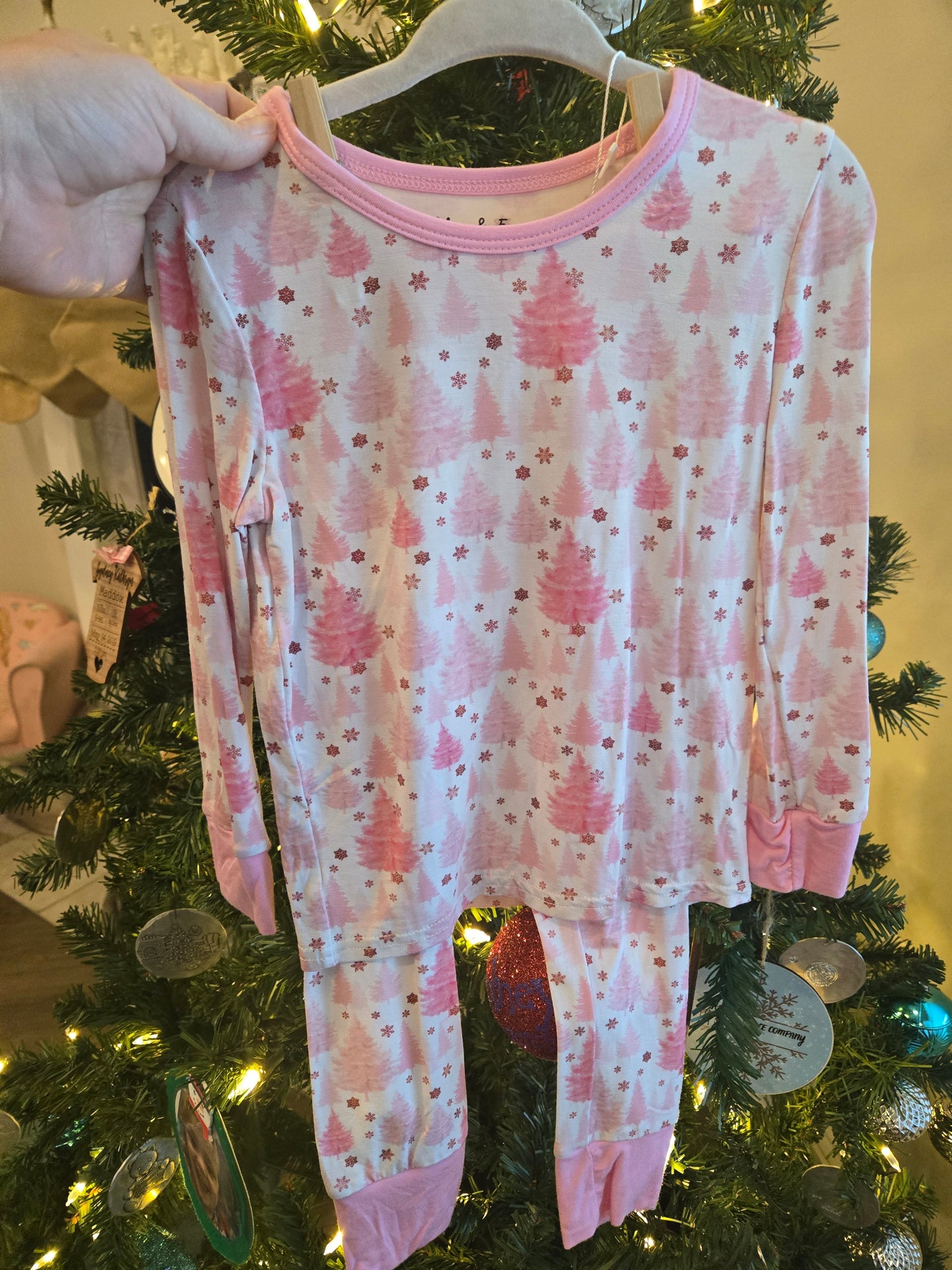 Pink Christmas Tree Bamboo Pants Set Honeydew