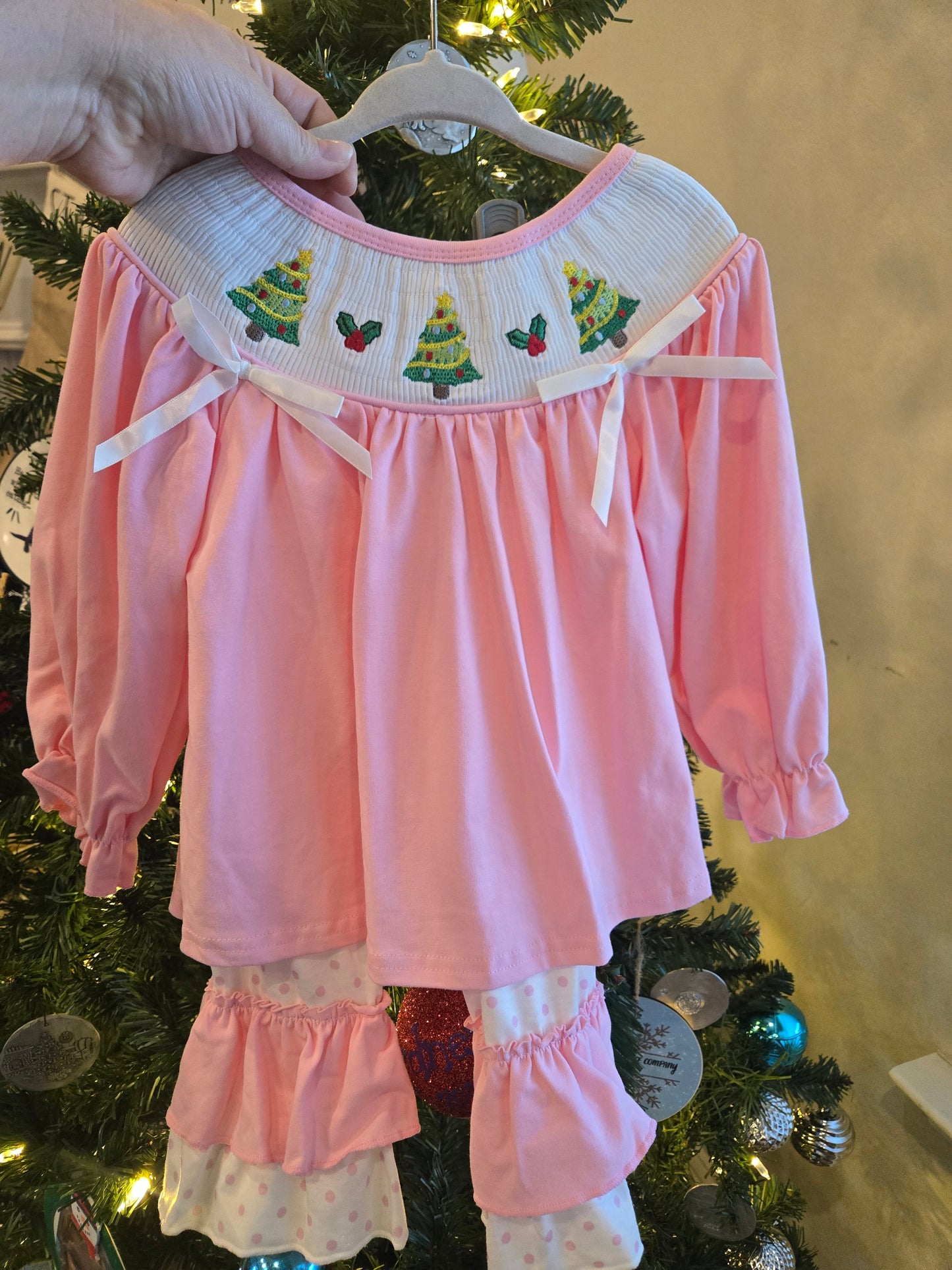 Pink Christmas Tree Smocked Pants Set Honeydew