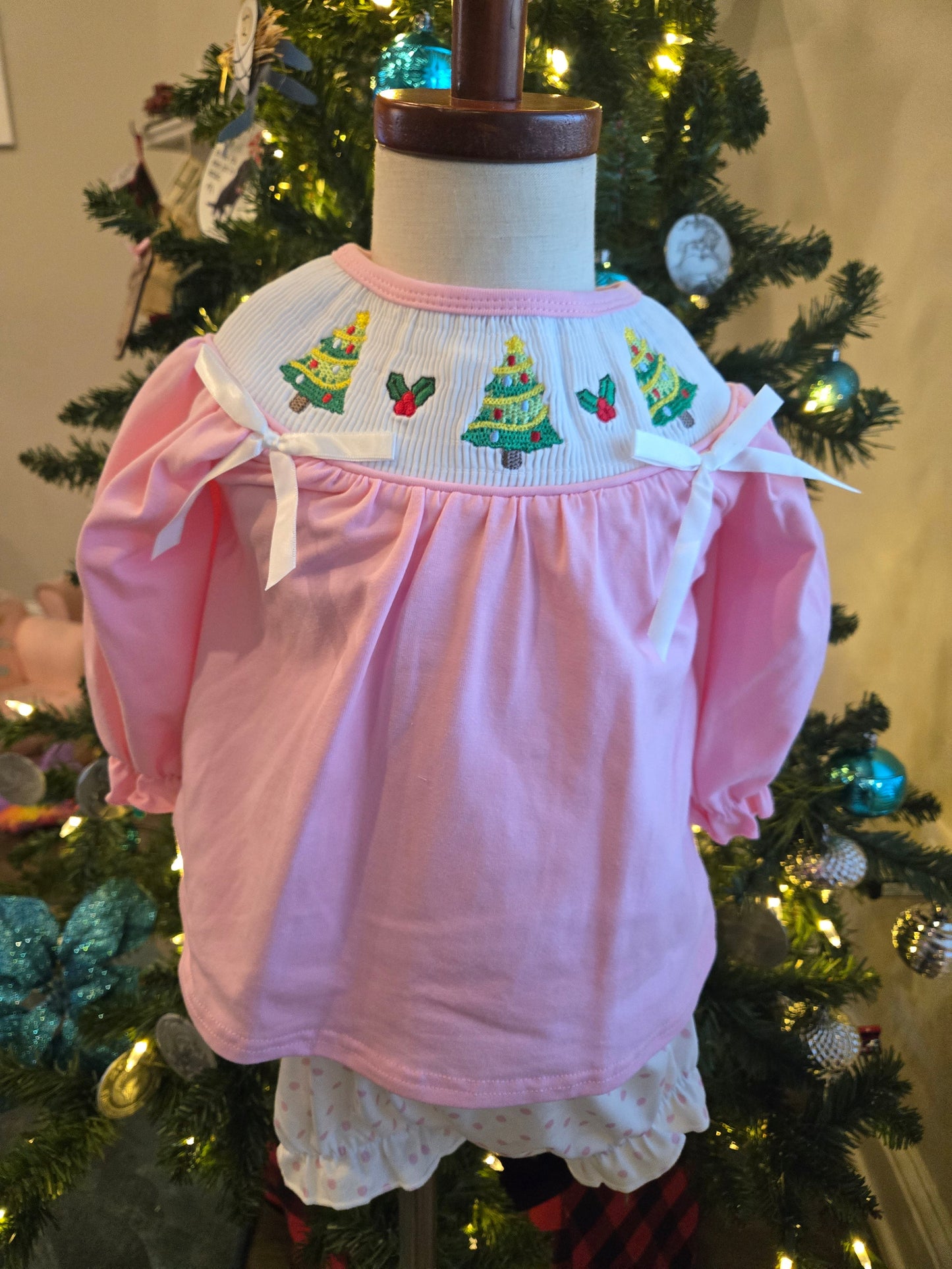 Pink Christmas Tree Smocked Bloomer Set Honeydew