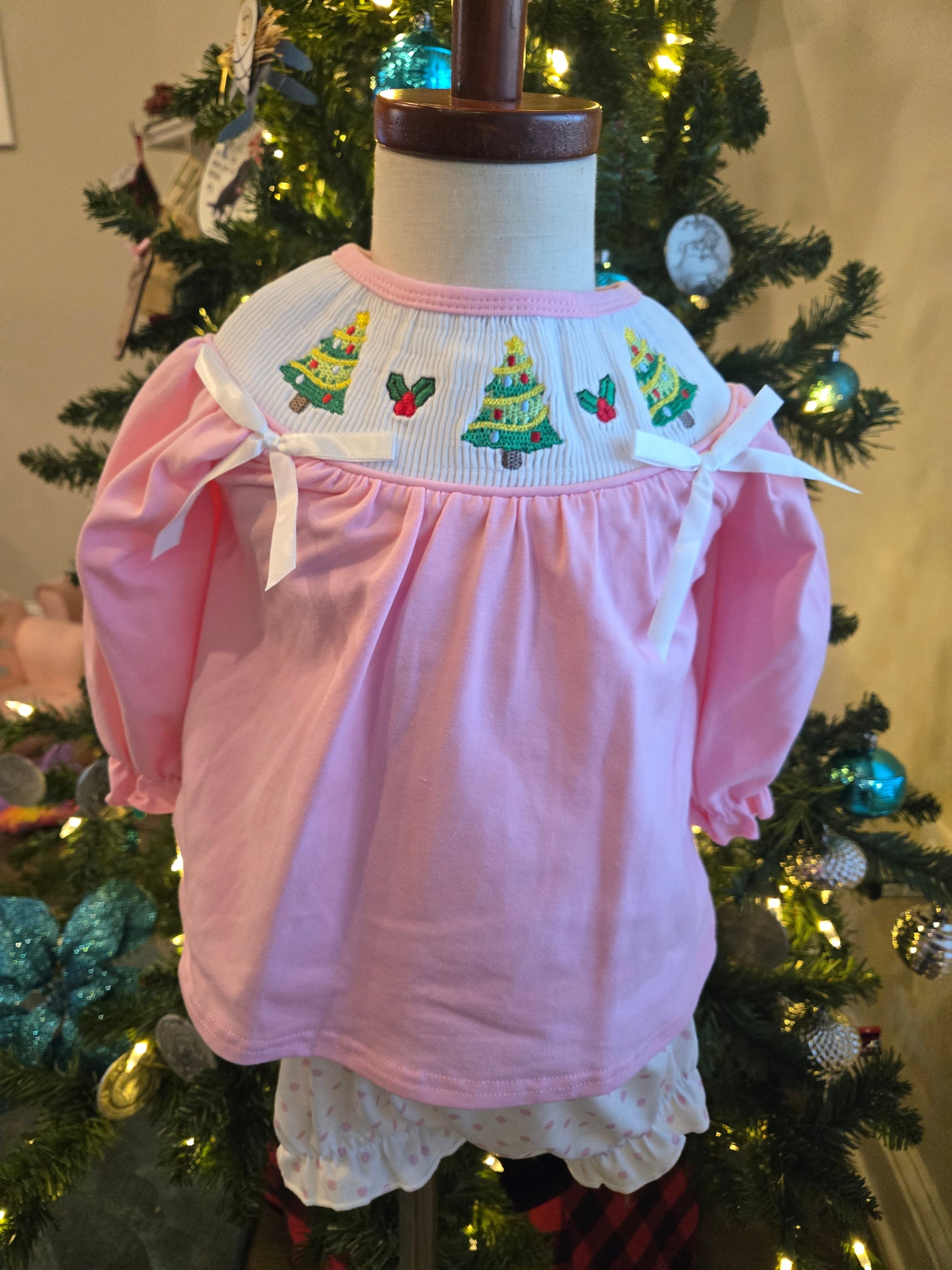 Pink Christmas Tree Smocked Bloomer Set Honeydew