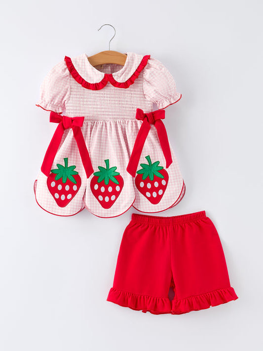 Girls Plaid Smocked Strawberry Applique Shorts Set Rylee Faith