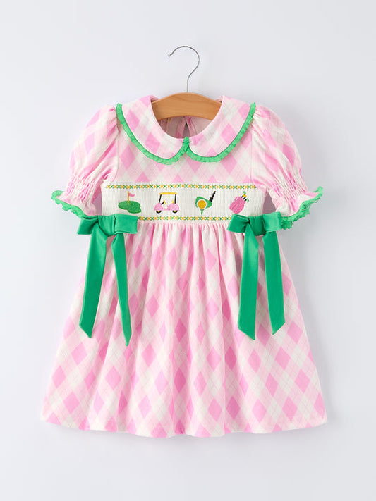 Spring Golf Embroidered Baby Girls Smocked Bow Dress Rylee Faith