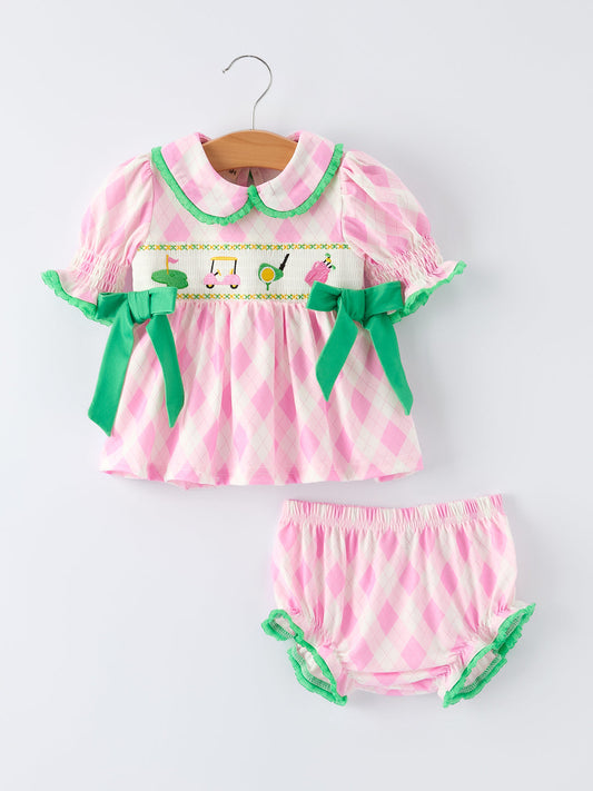 Spring Golf Embroidered Baby Girls Smocked Bow Bloomer Set Rylee Faith