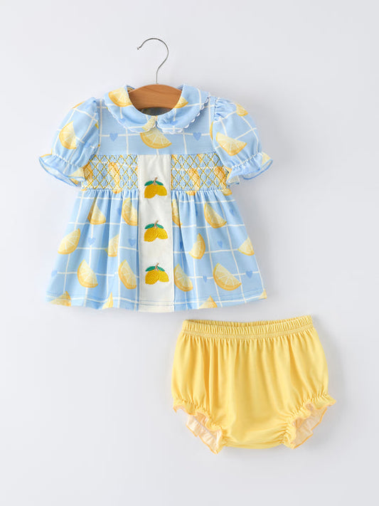 Summer Lemon Print Girls Puff Sleeve Bloomer Set Rylee Faith