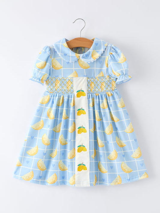 Summer Lemon Print Girls Puff Sleeve Dress Rylee Faith