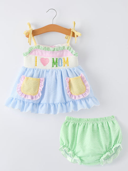I Love Mom Color Block Seersucker Bloomer Set Rylee Faith
