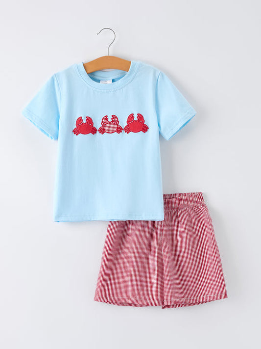Crab Applique Boy Top and Plaid Shorts Set Rylee Faith