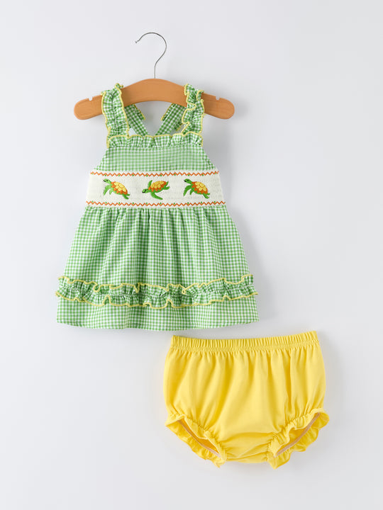 Spring Turtle Smocked Baby Girls Bloomer Set Rylee Faith