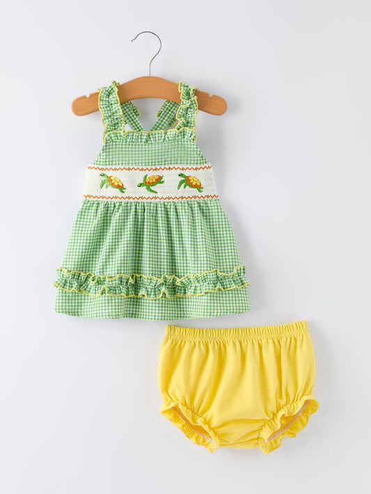 Spring Turtle Smocked Baby Girls Bloomer Set Rylee Faith