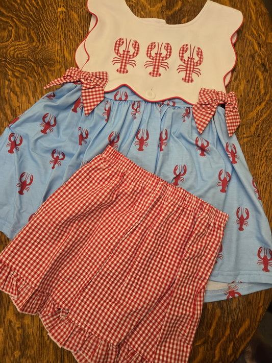 Hazel Blue Crawfish Applique Short Set with Bows Posh Petites