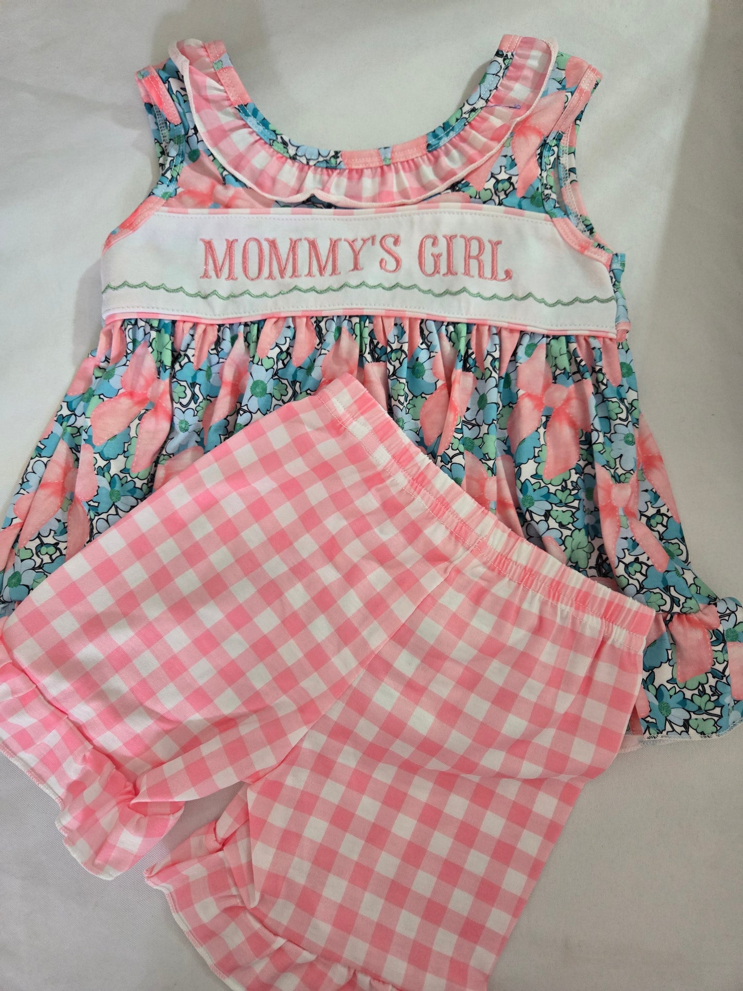Pink Floral Mommy's Girl Embroidery Ruffle Gingham Shorts Set Honeydew