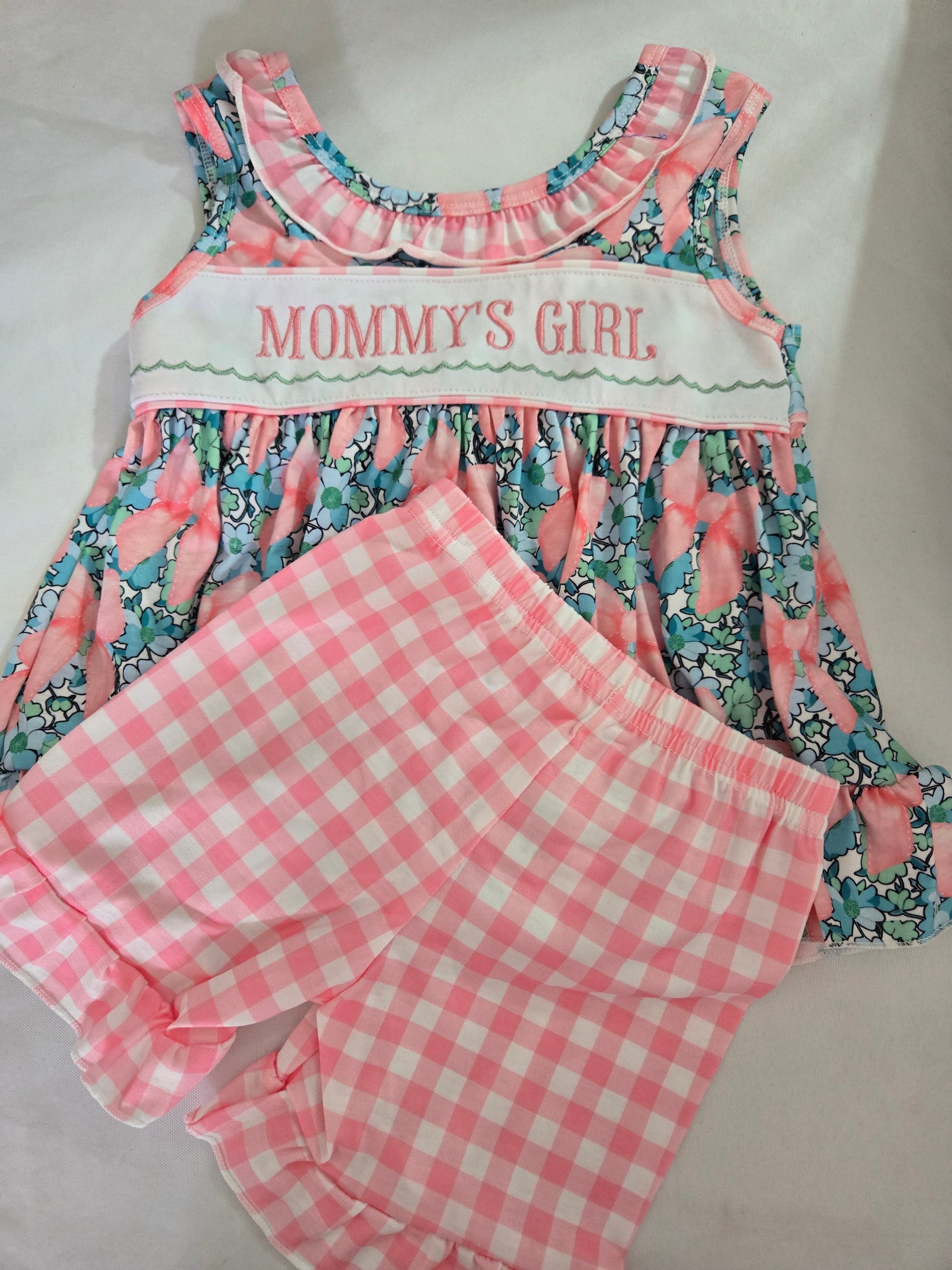 Pink Floral Mommy's Girl Embroidery Ruffle Gingham Shorts Set Honeydew