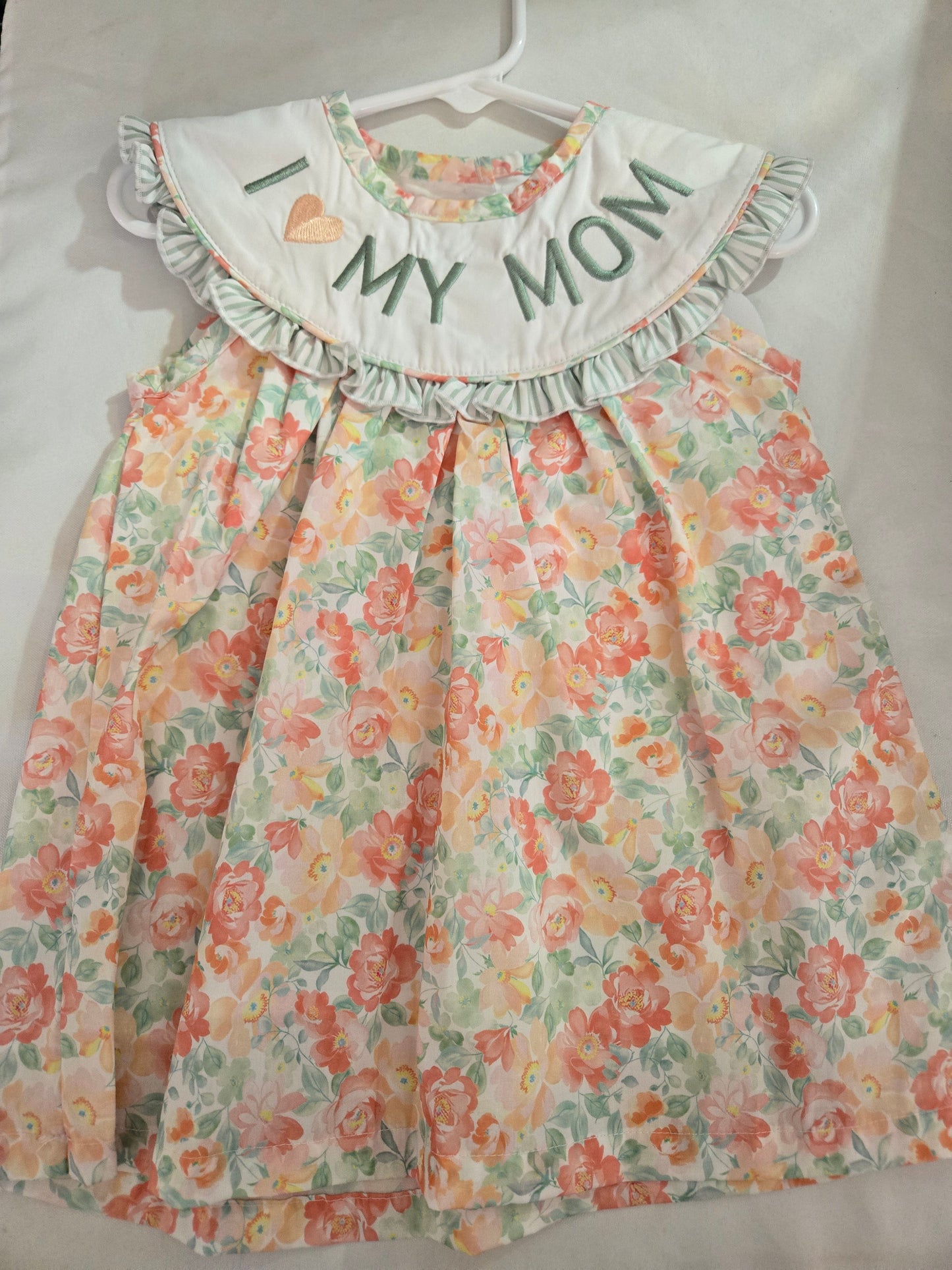 Premium Floral I Love My Mom Embroidery Dress Honeydew