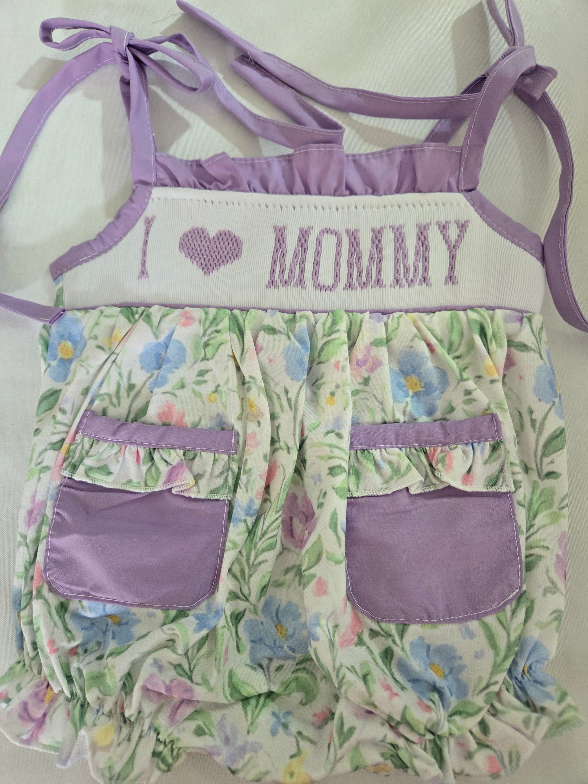 Premium Collection I Love Mommy Hand Smocked Purple Floral Bubble Ambabie