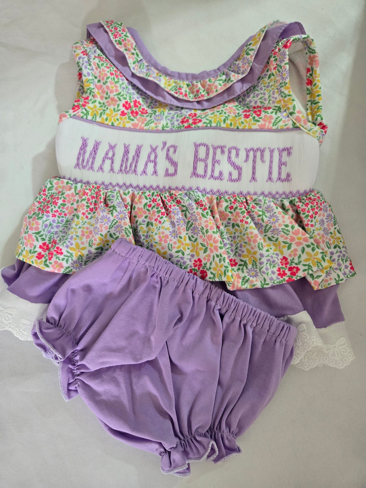 Premium Collection Mama's Bestie Hand Smocked Purple Floral Bloomer Set Ambabie