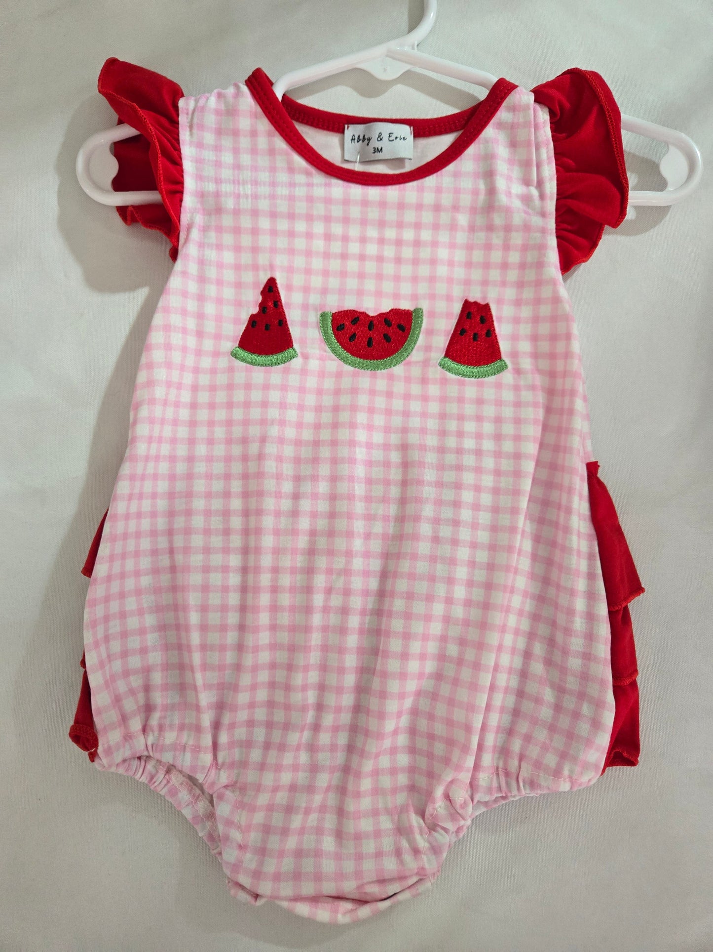 Pink Watermelon Embroidery Ruffle Bubble Honeydew