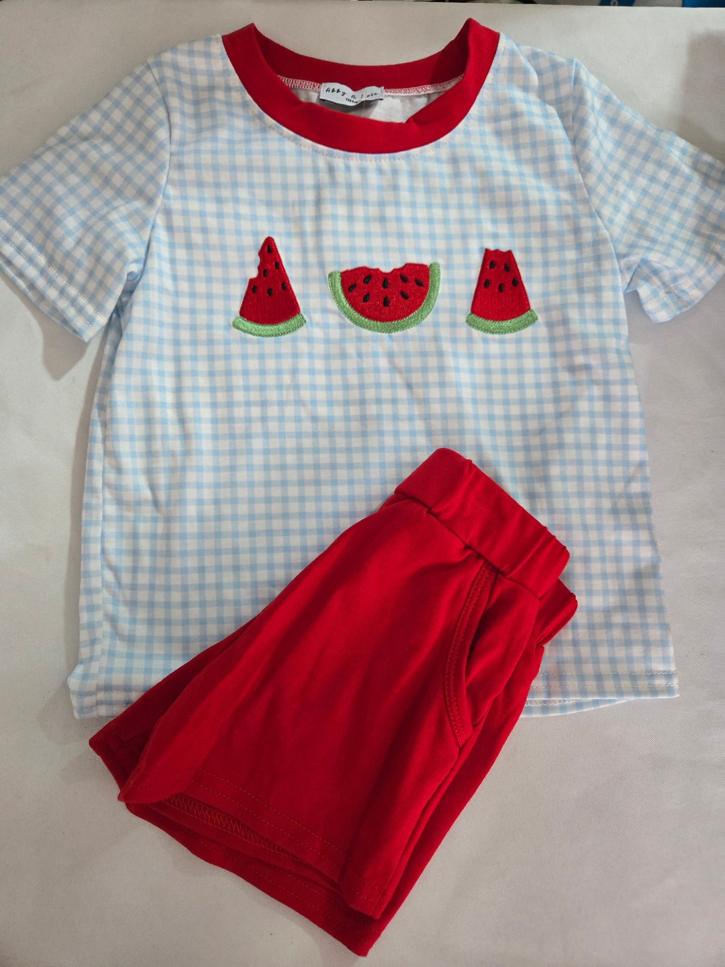Blue Watermelon Embroidery Shorts Set Honeydew