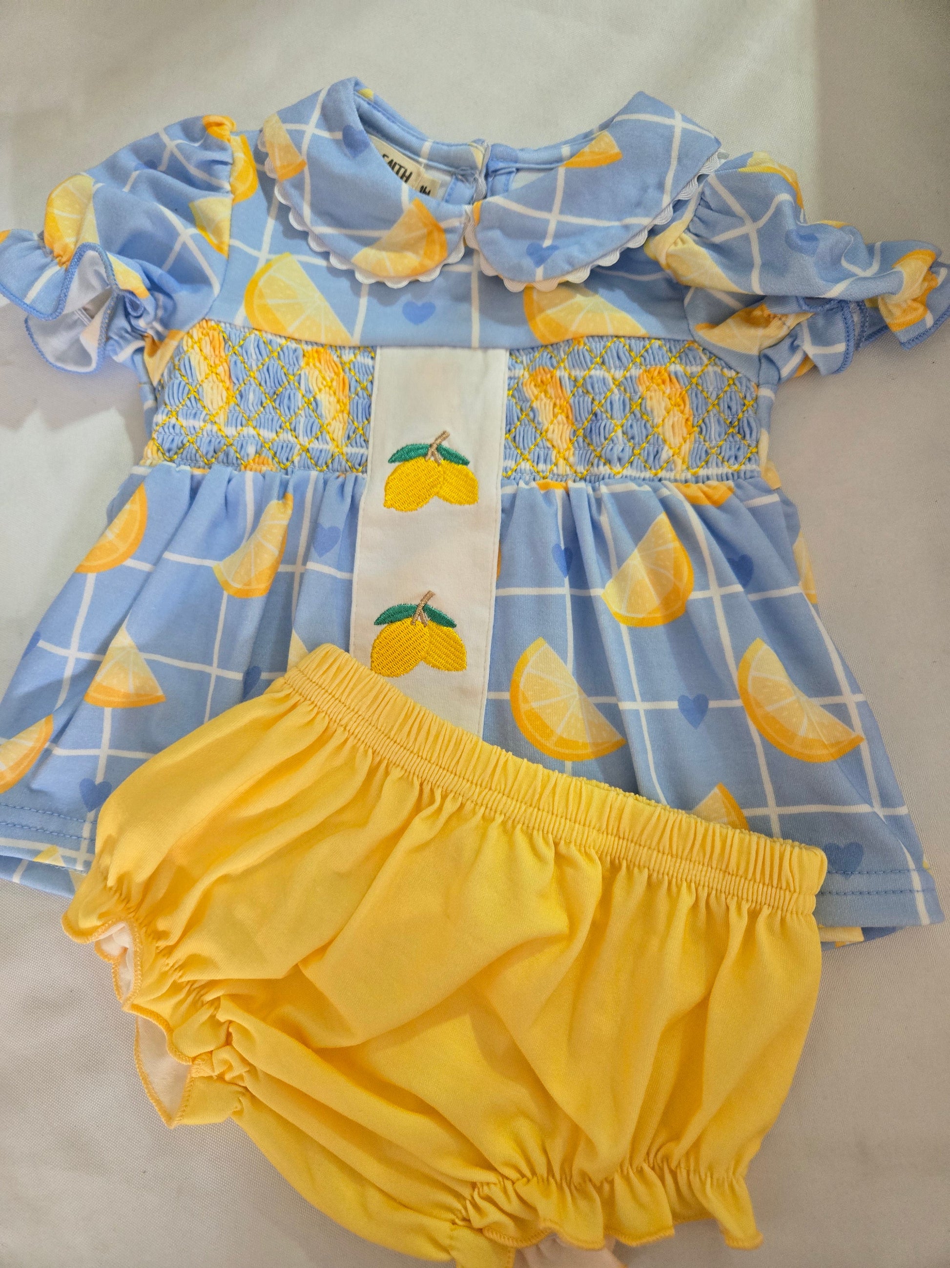 Summer Lemon Print Girls Puff Sleeve Bloomer Set Rylee Faith