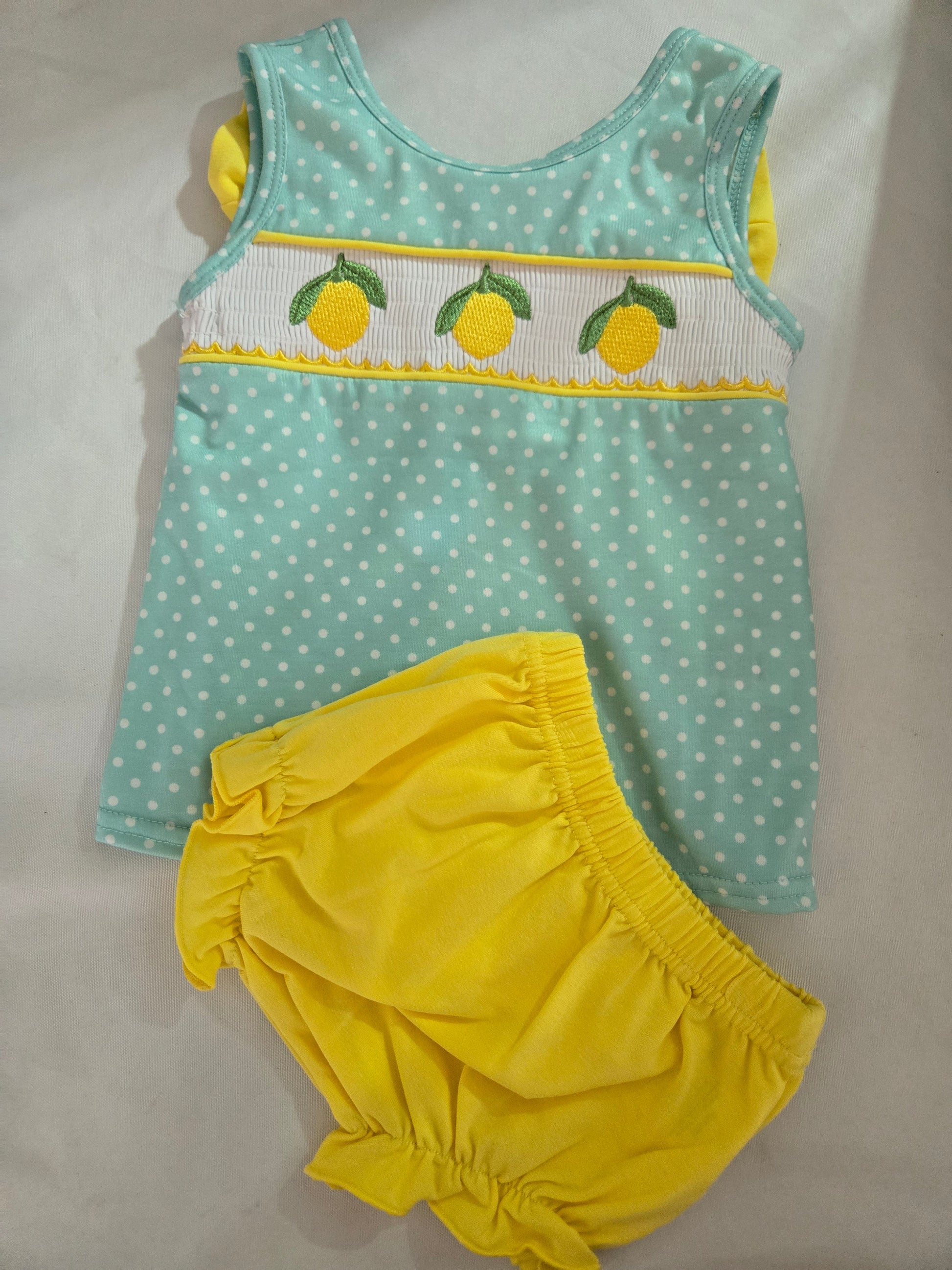 Summer Lemon Smocked Bow Bloomer Set Honeydew