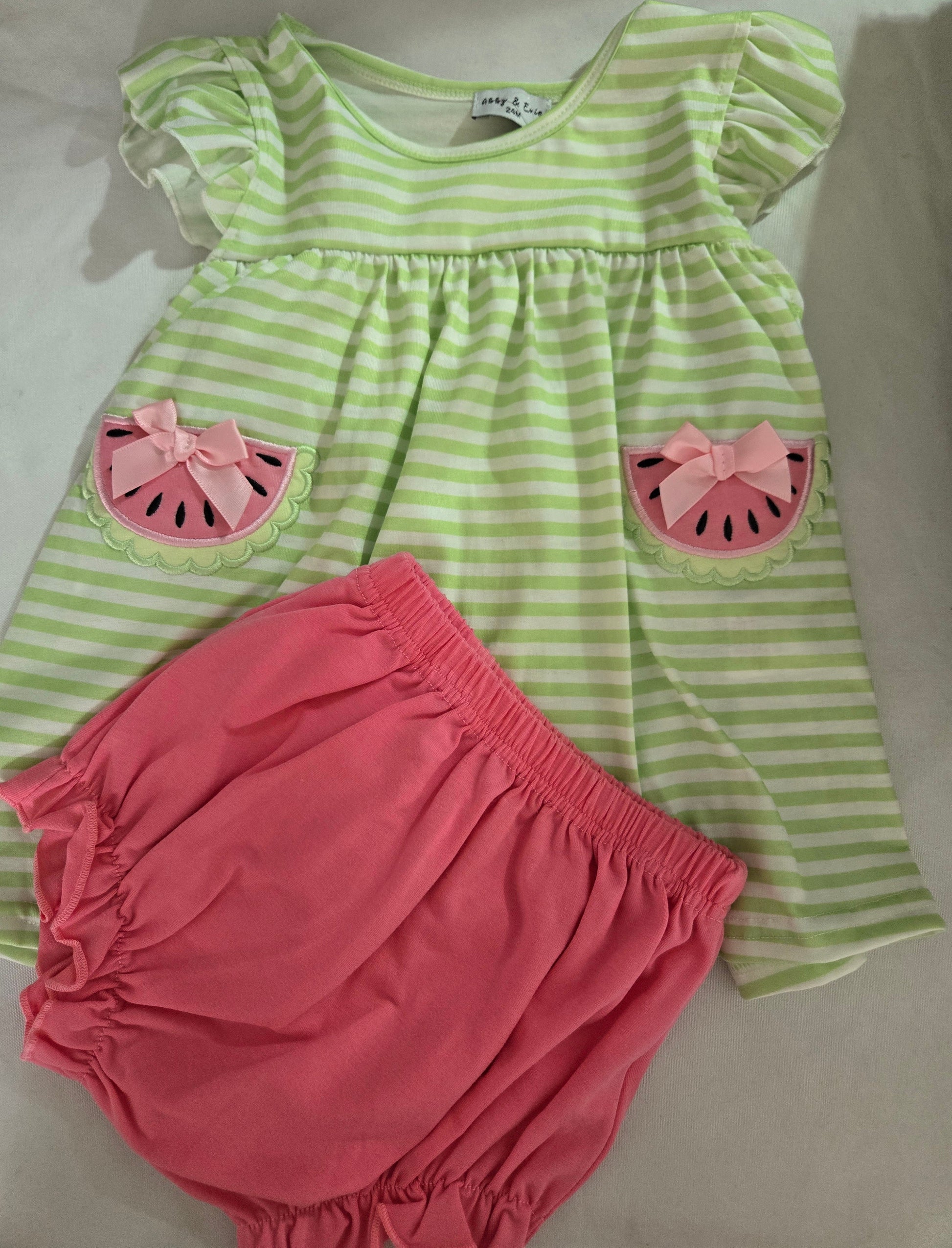 Green Watermelon Applique Ruffle Stripe Bloomer Set Honeydew