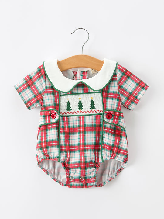 Christmas Tree Plaid Boys Machine Smocked Peter Pan Collar Bubble Rylee Faith
