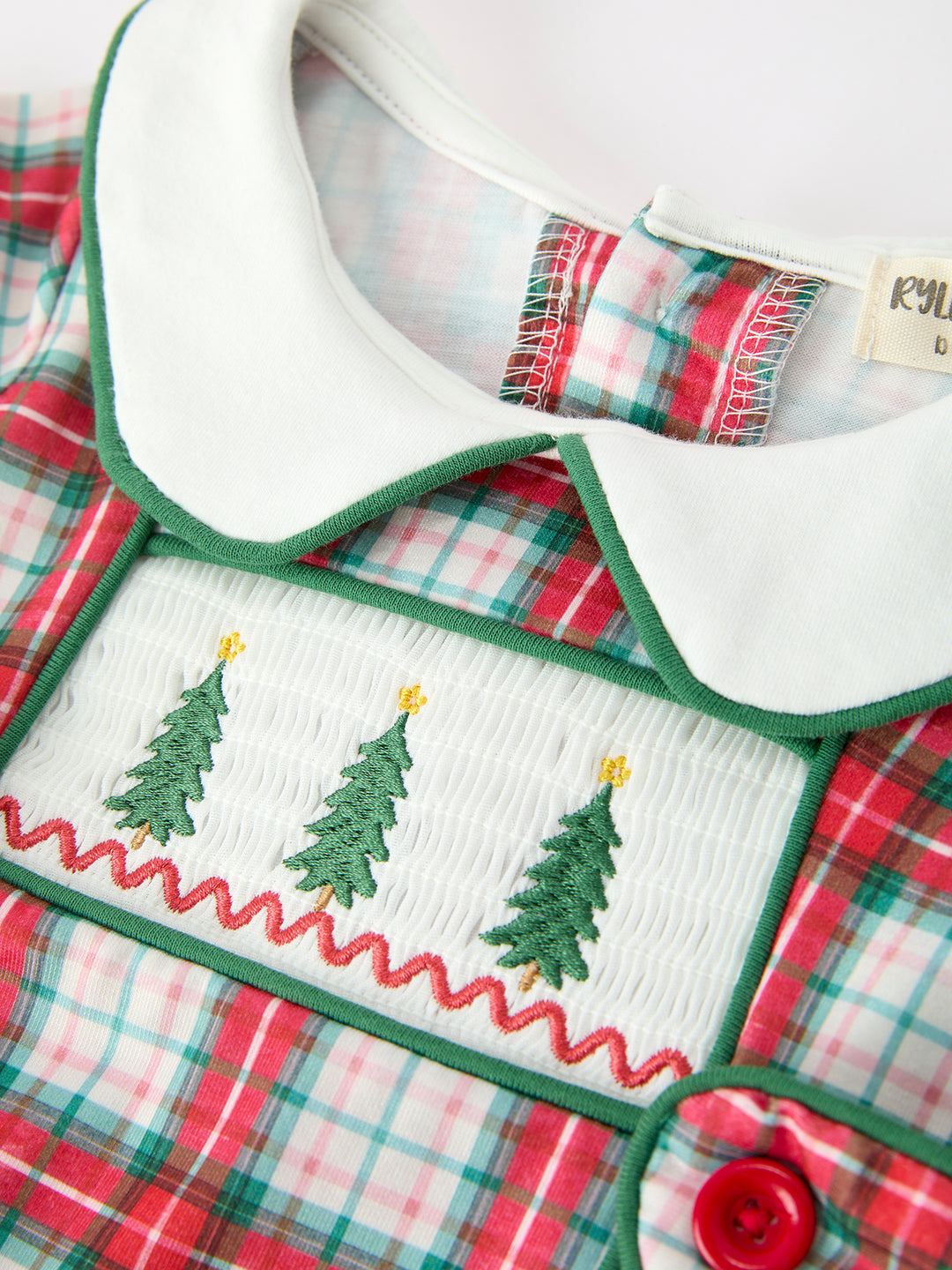 Christmas Tree Plaid Boys Machine Smocked Peter Pan Collar Bubble Rylee Faith