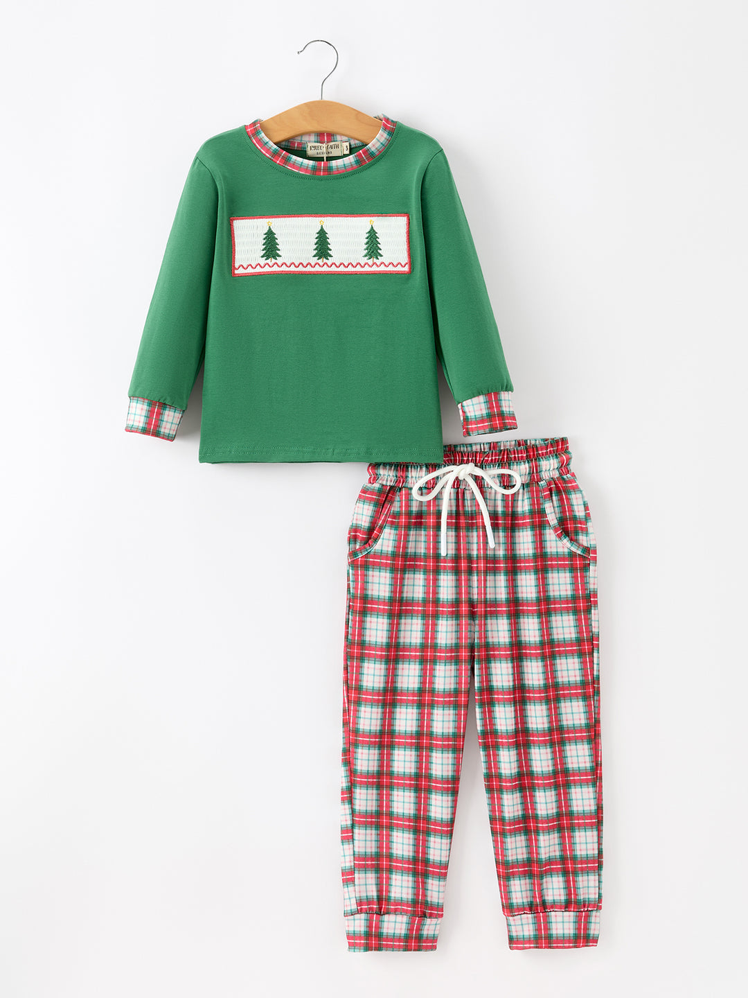 Christmas Tree Plaid Machine Smocked Boys Long Sleeve Pants Set Rylee Faith