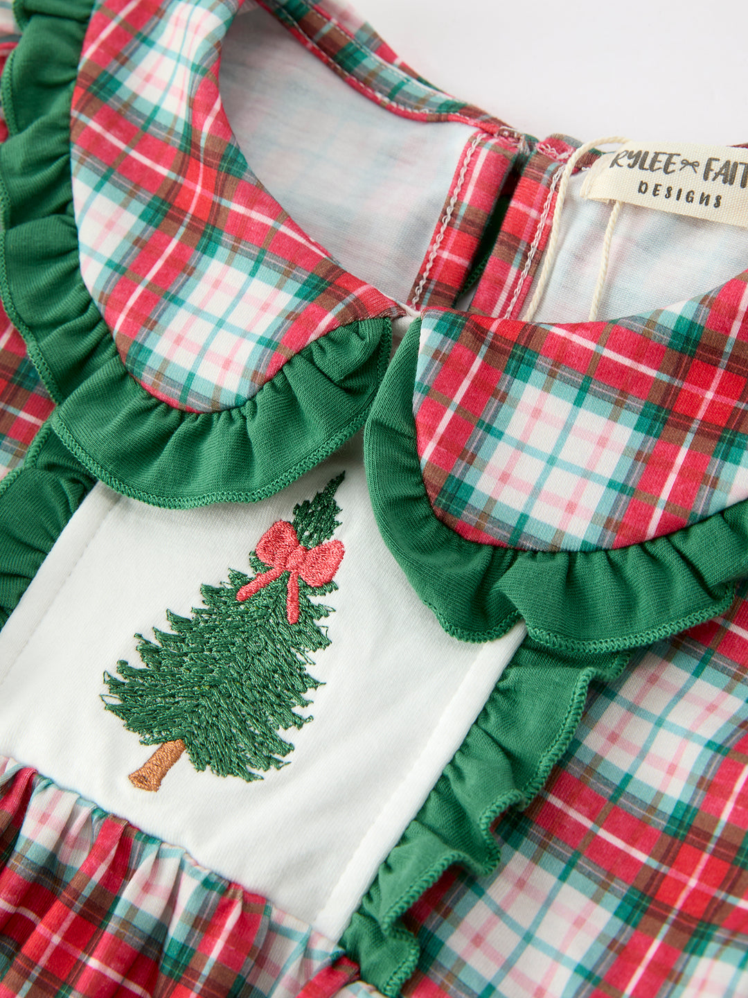 Christmas Tree Plaid Girls Peter Pan Collar Ruffle Dress Rylee Faith