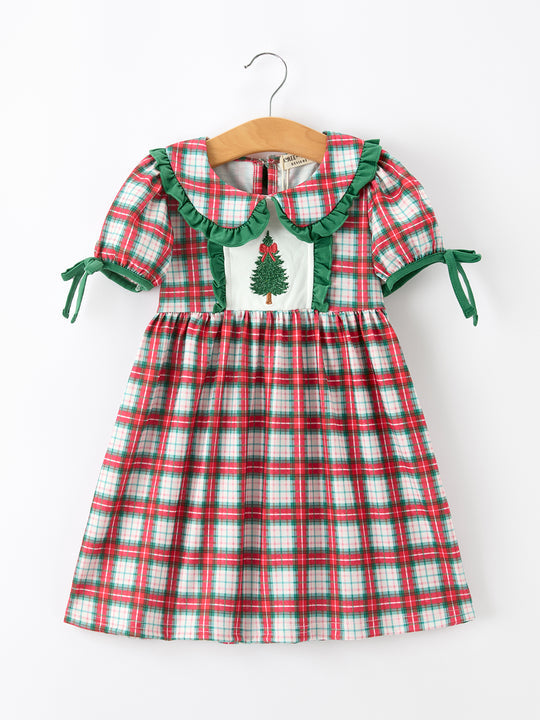 Christmas Tree Plaid Girls Peter Pan Collar Ruffle Dress Rylee Faith