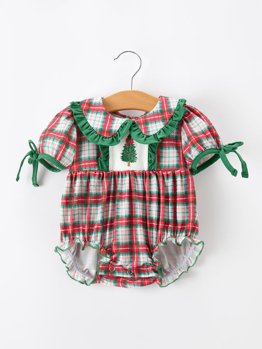Christmas Tree Plaid Girls Machine Ruffle Peter Pan Collar Bubble Rylee Faith