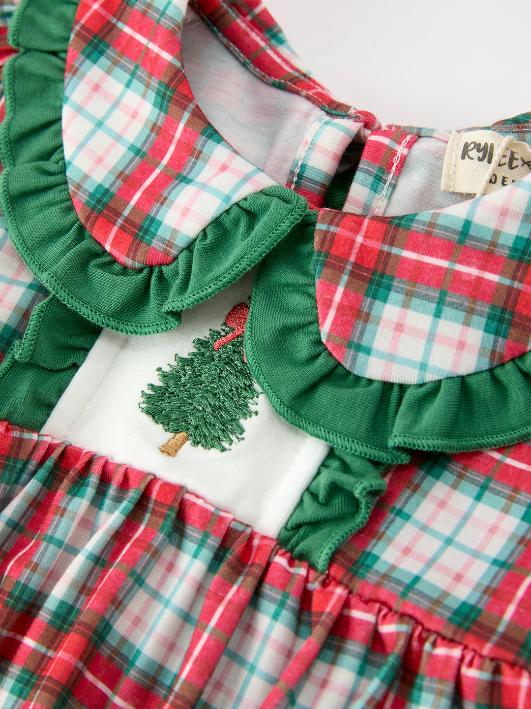 Christmas Tree Plaid Girls Machine Ruffle Peter Pan Collar Bubble Rylee Faith