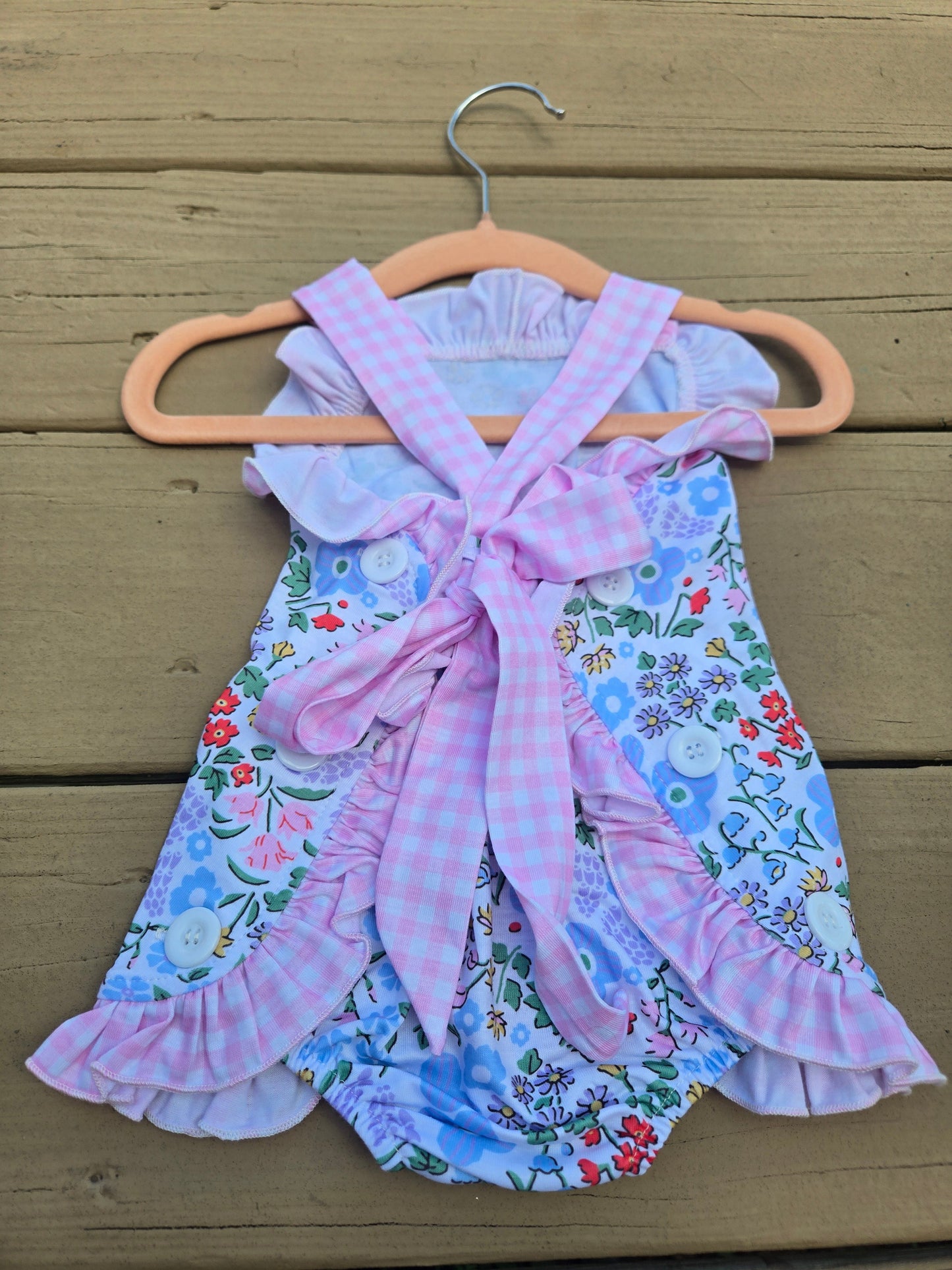 Floral Blossom Pink Gingham Ruffle Romper Scout and Holland