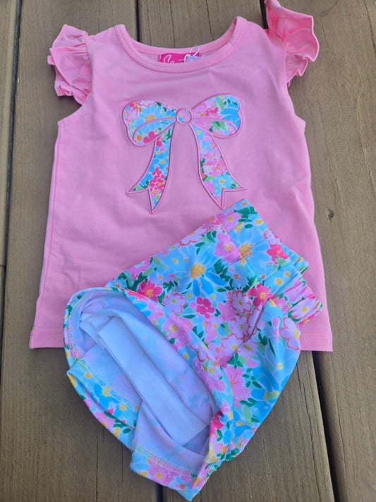 Pink Bow Applique Tropical Floral Skort Set Scout and Holland