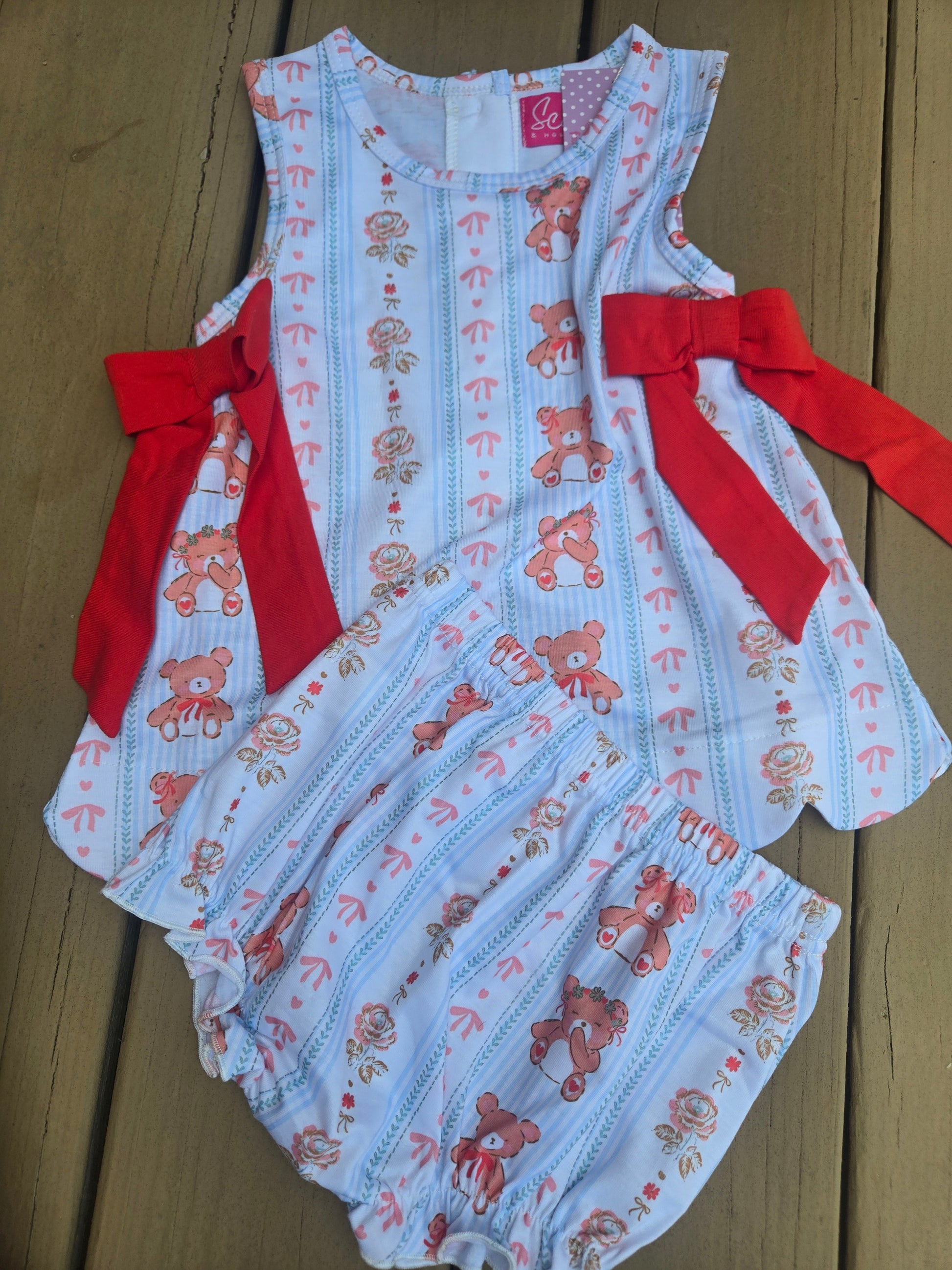 Bear Red Bow Swing Back Bloomer Set Scout and Holland