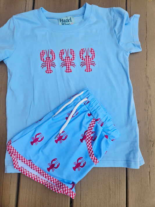 Hazel Blue Crawfish Applique Boys Short Set Posh Petites