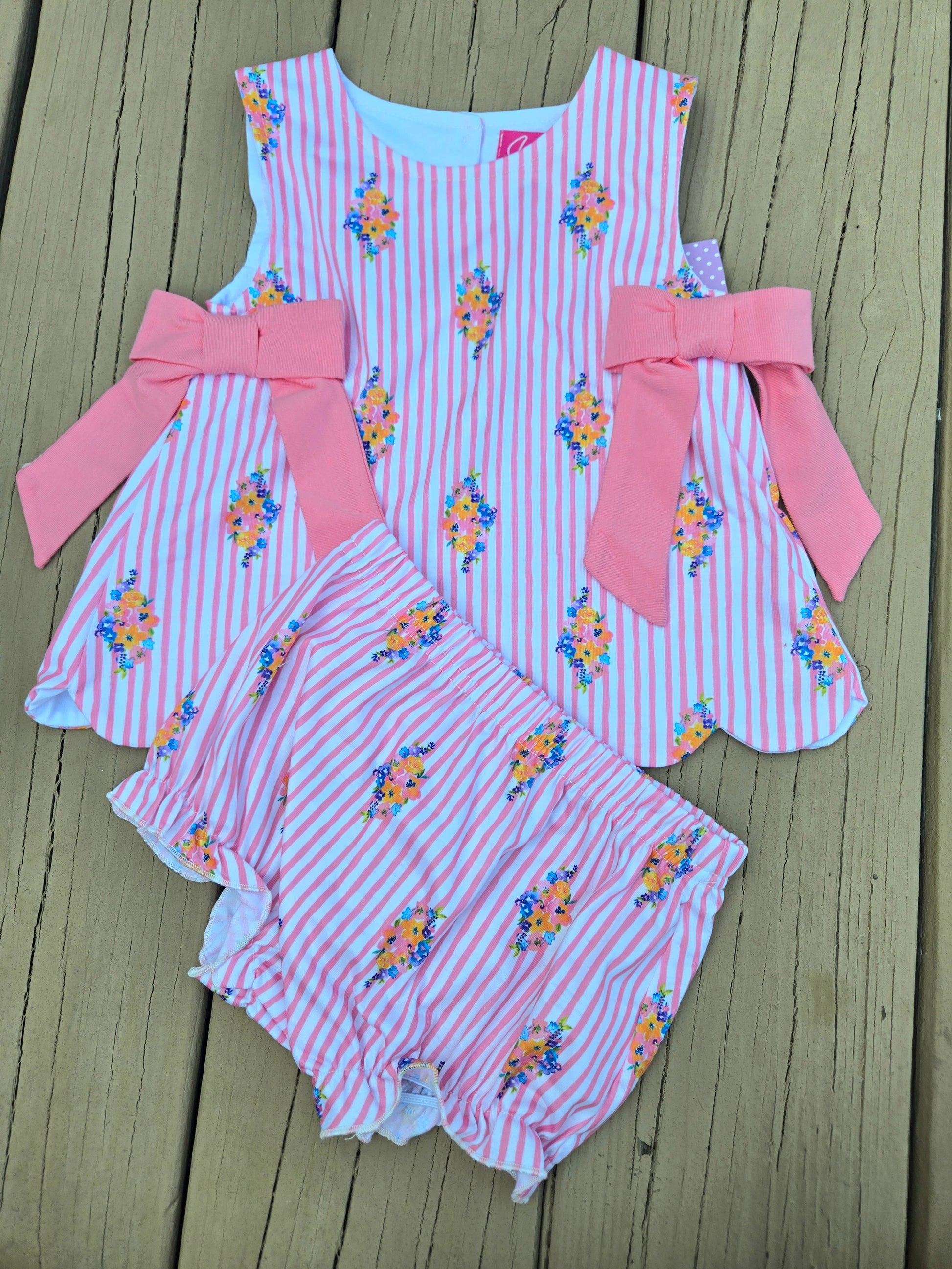 Pink Floral Stripes Scallop Swing Back Bloomer Set Scout and Holland