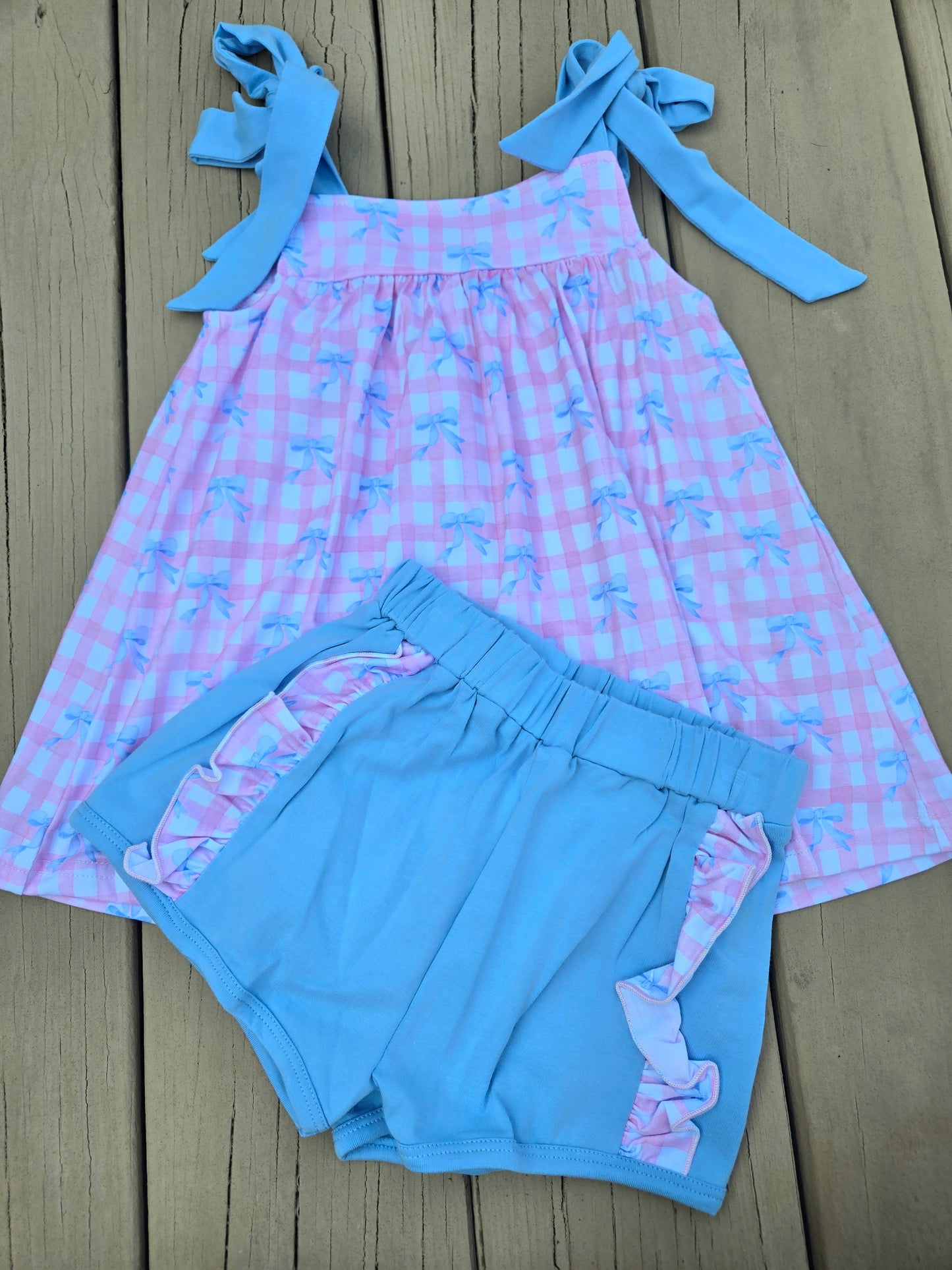 Pink Gingham Blue Bow Coquette Short Set Scout and Holland