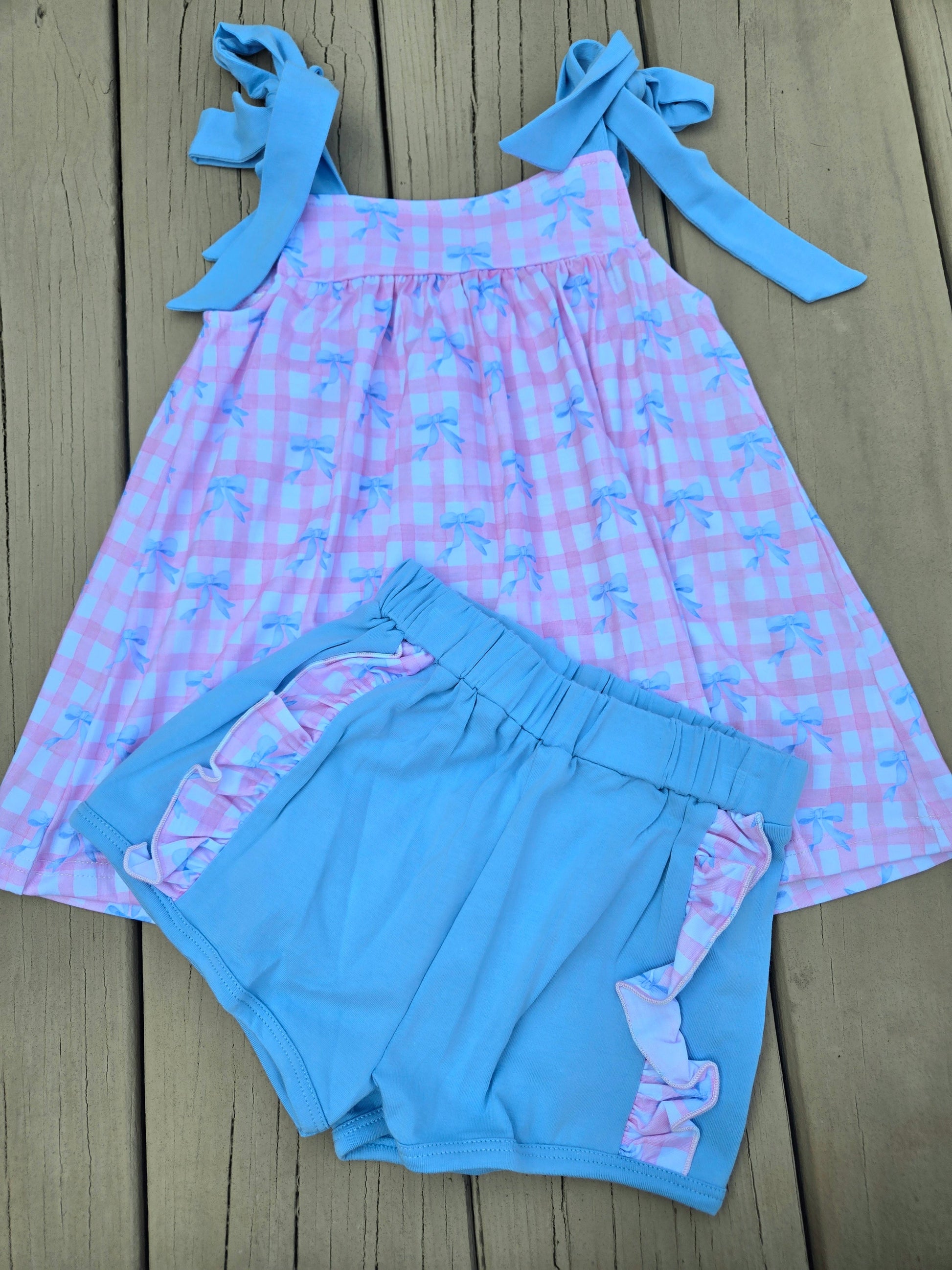 Pink Gingham Blue Bow Coquette Short Set Scout and Holland