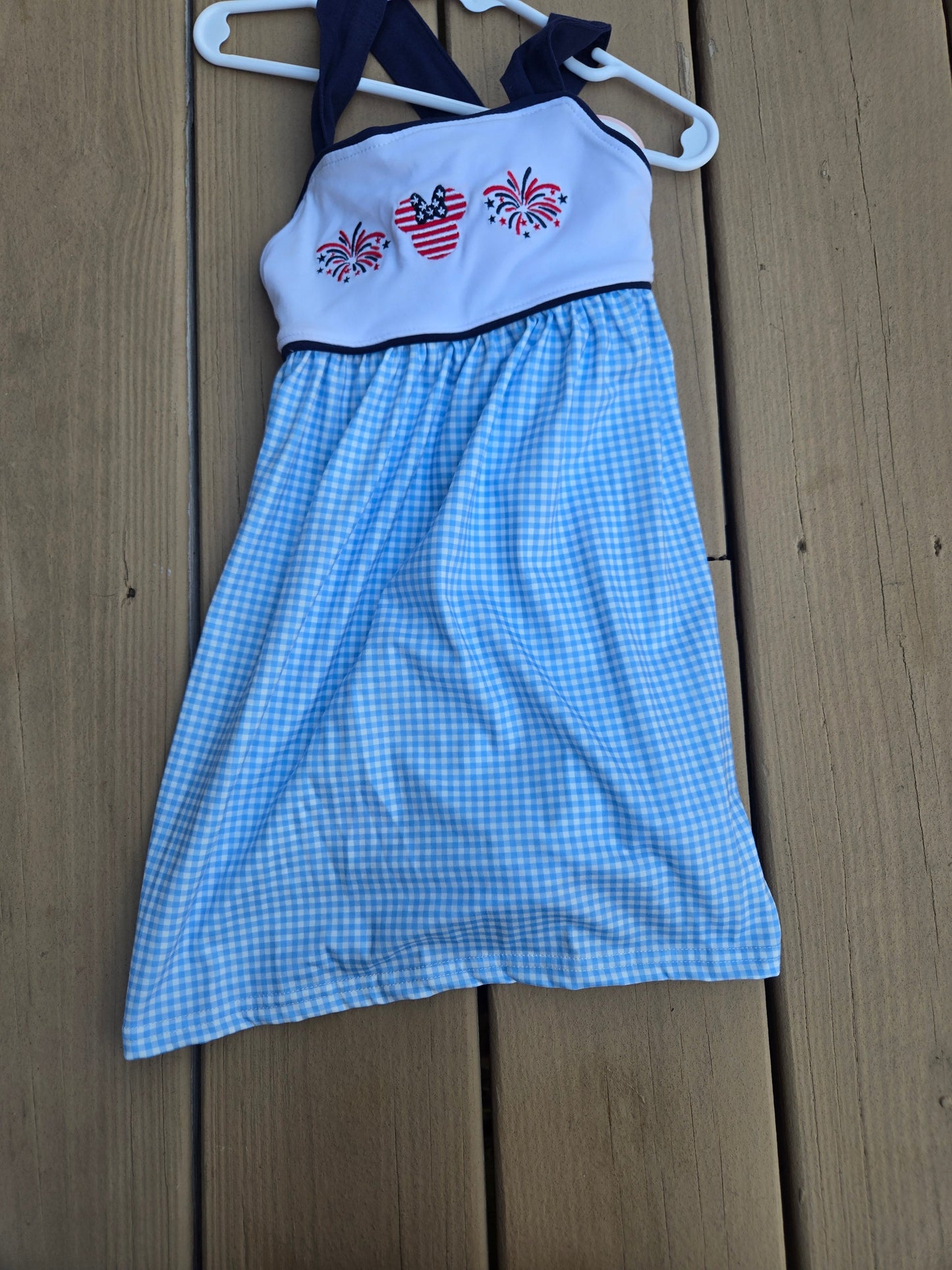 Blue Character Fireworks Embroidery Gingham Dress Honeydew