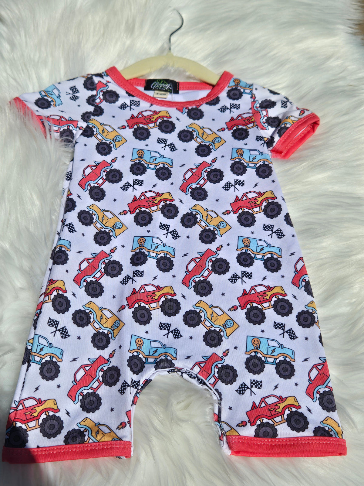 Monster Truck Mayhem Boy Print Romper Clover Cottage