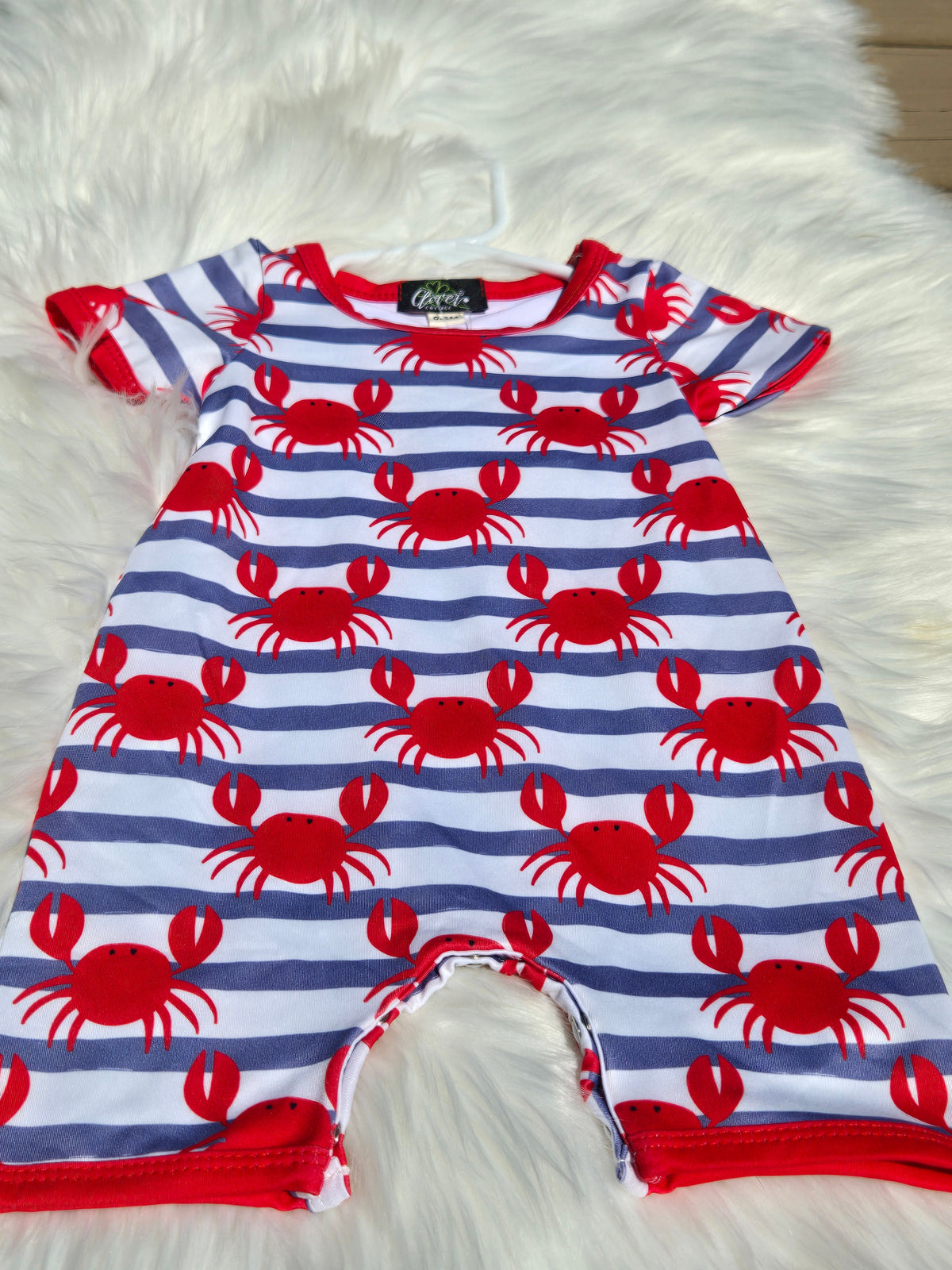 Blue Stripe Crab Boy Print Romper Clover Cottage