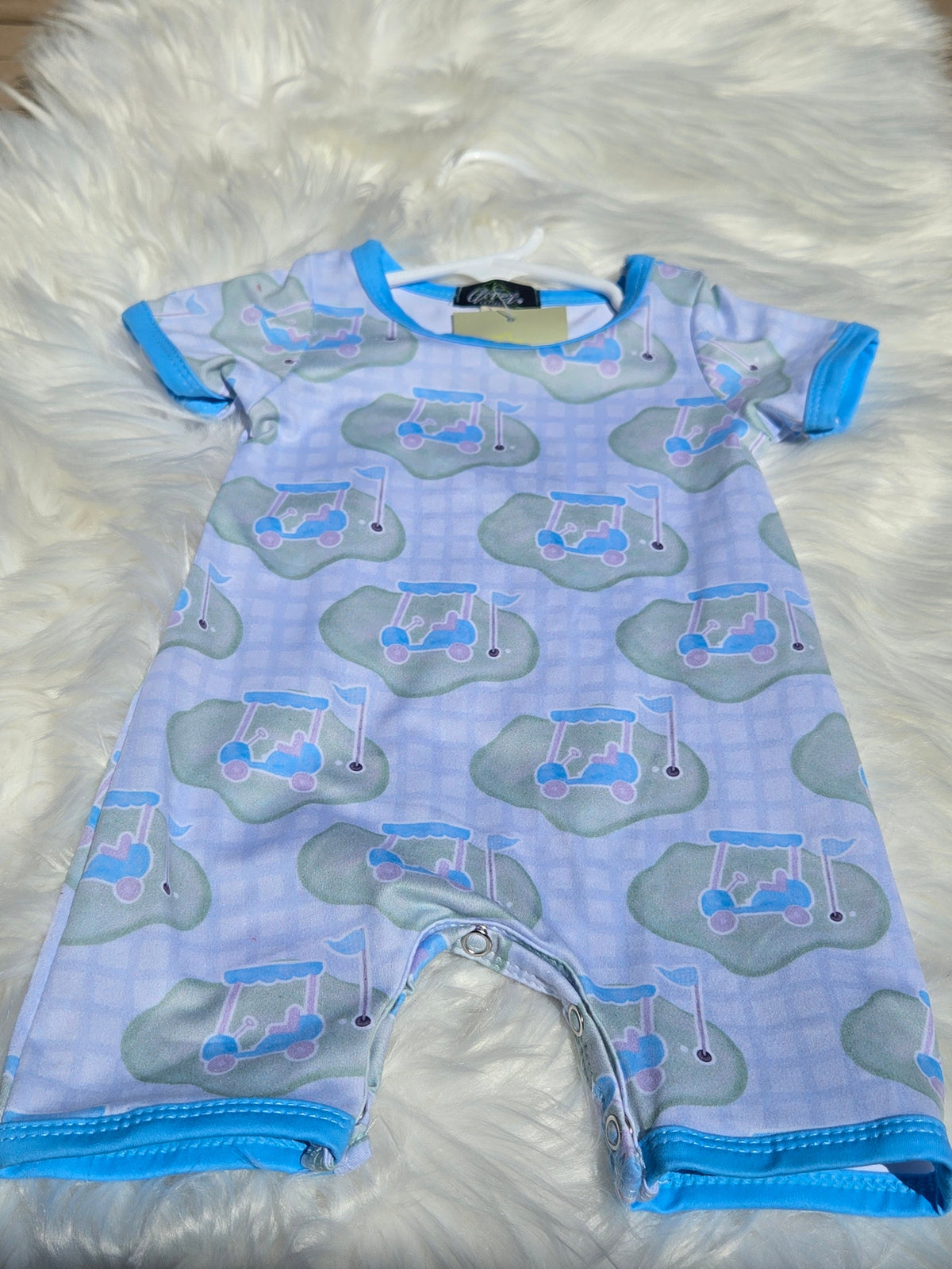 Golf Cart Boy Print Romper Clover Cottage